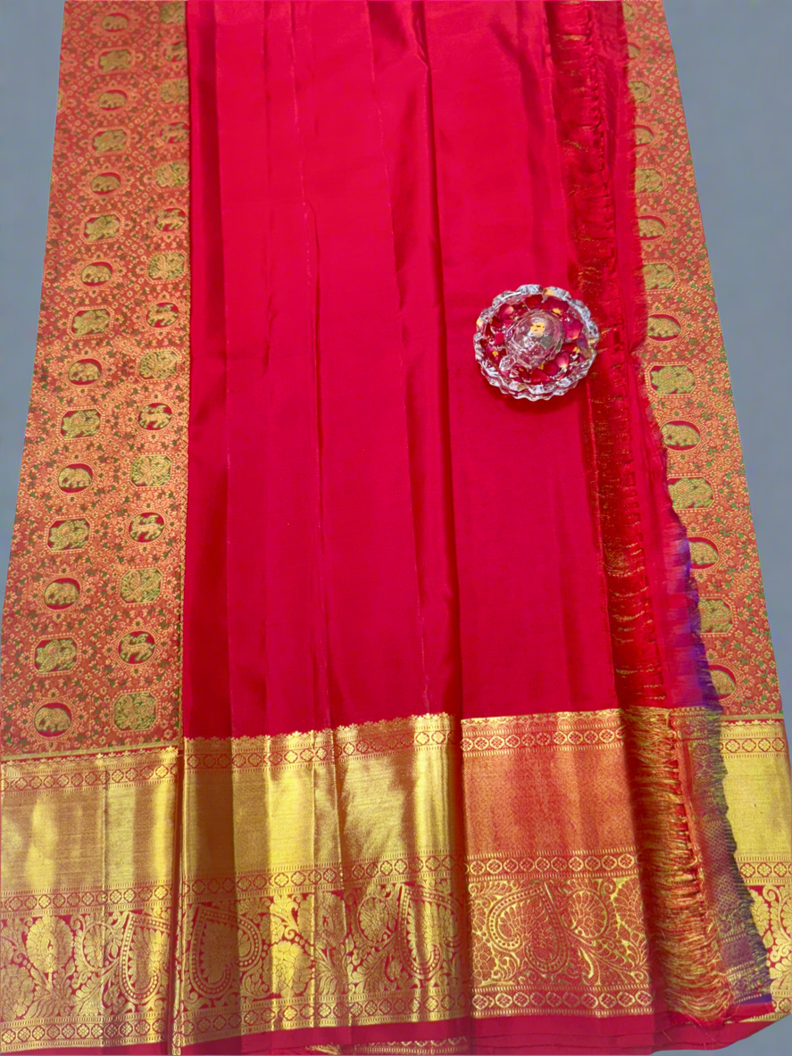 Bright Red Handloom Mulberry Silk Saree with Double Card Meenakari Motifs and Gold Zari Border