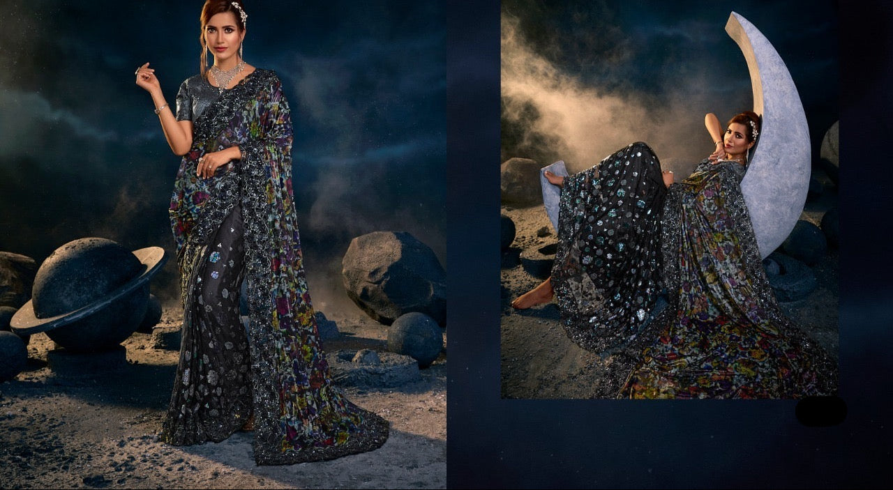 Black Sequin Embroidered Saree for Women – Fancy Designer Fabric with Floral Print Pallu and Lace Border
