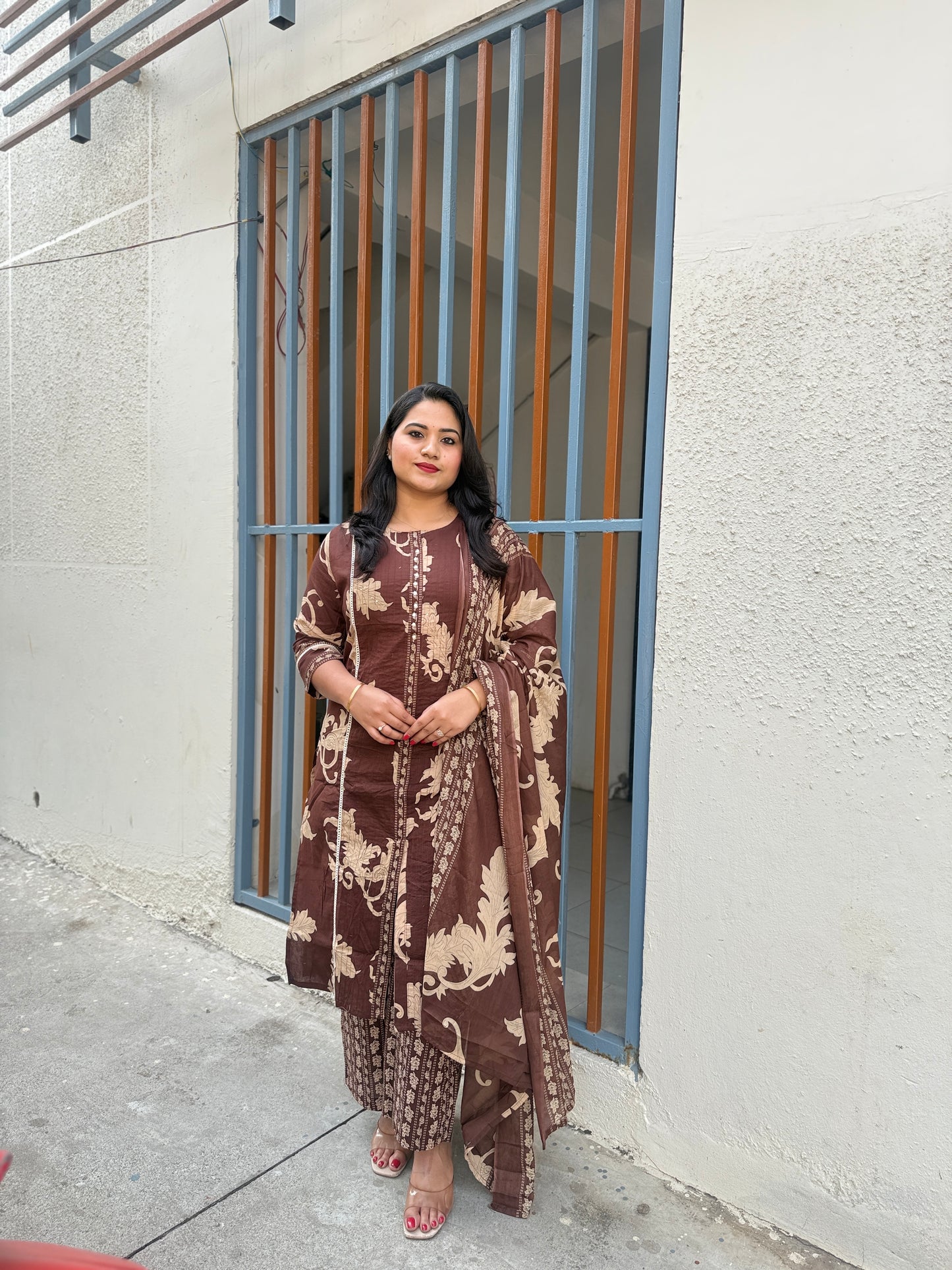 Women’s brown cotton 60x60 straight kurta palazzo set with printed dupatta, M–3XL
