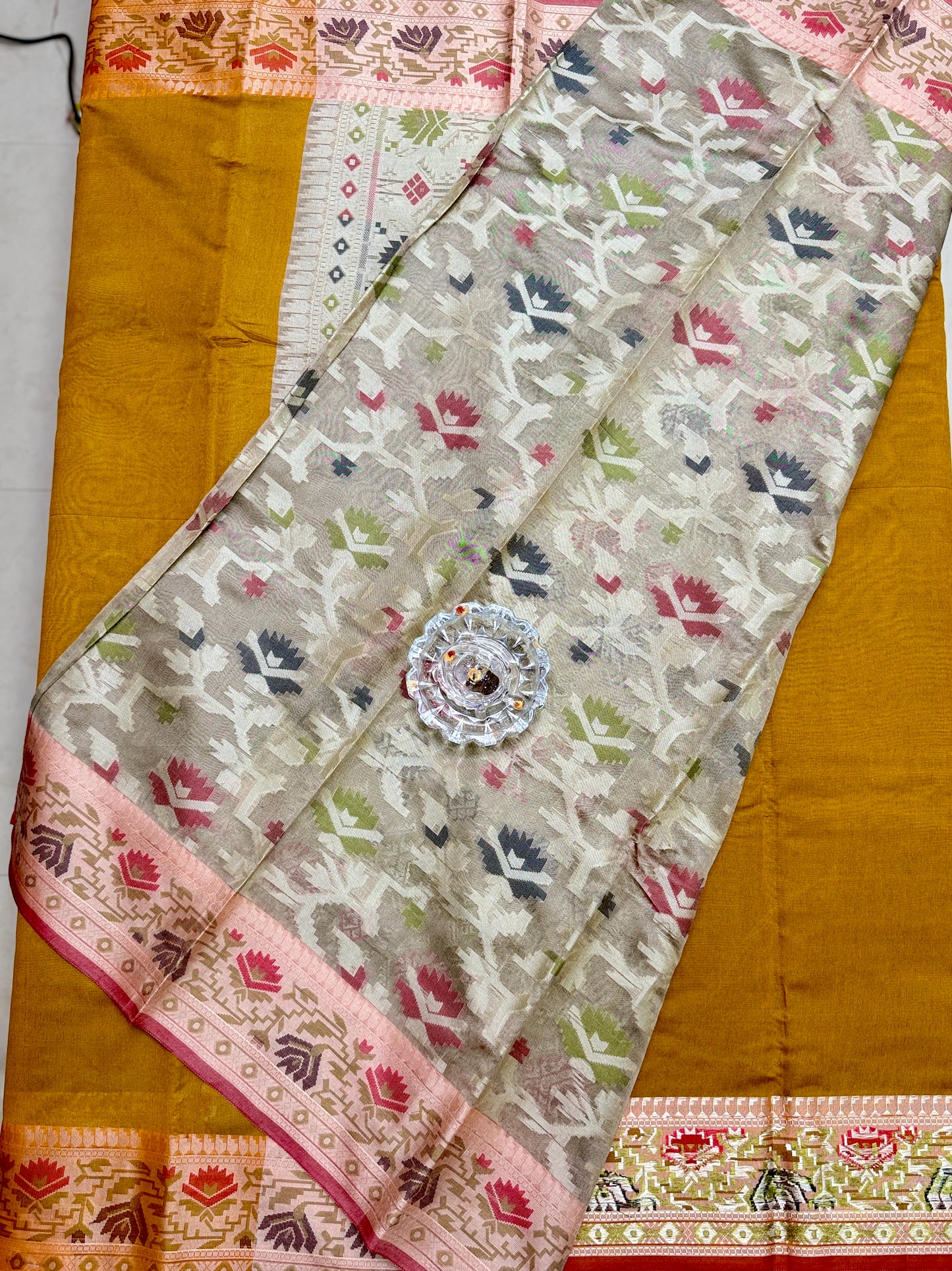Semi Raw Silk Saree with Temple Border and Blouse – Handwoven Style Festive Wear
