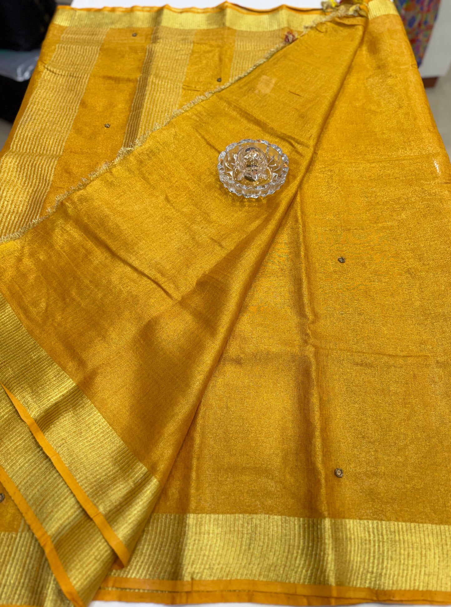 Pure Tissue 150 Count Linen Handloom Saree with Handwork and Running Blouse for Women
