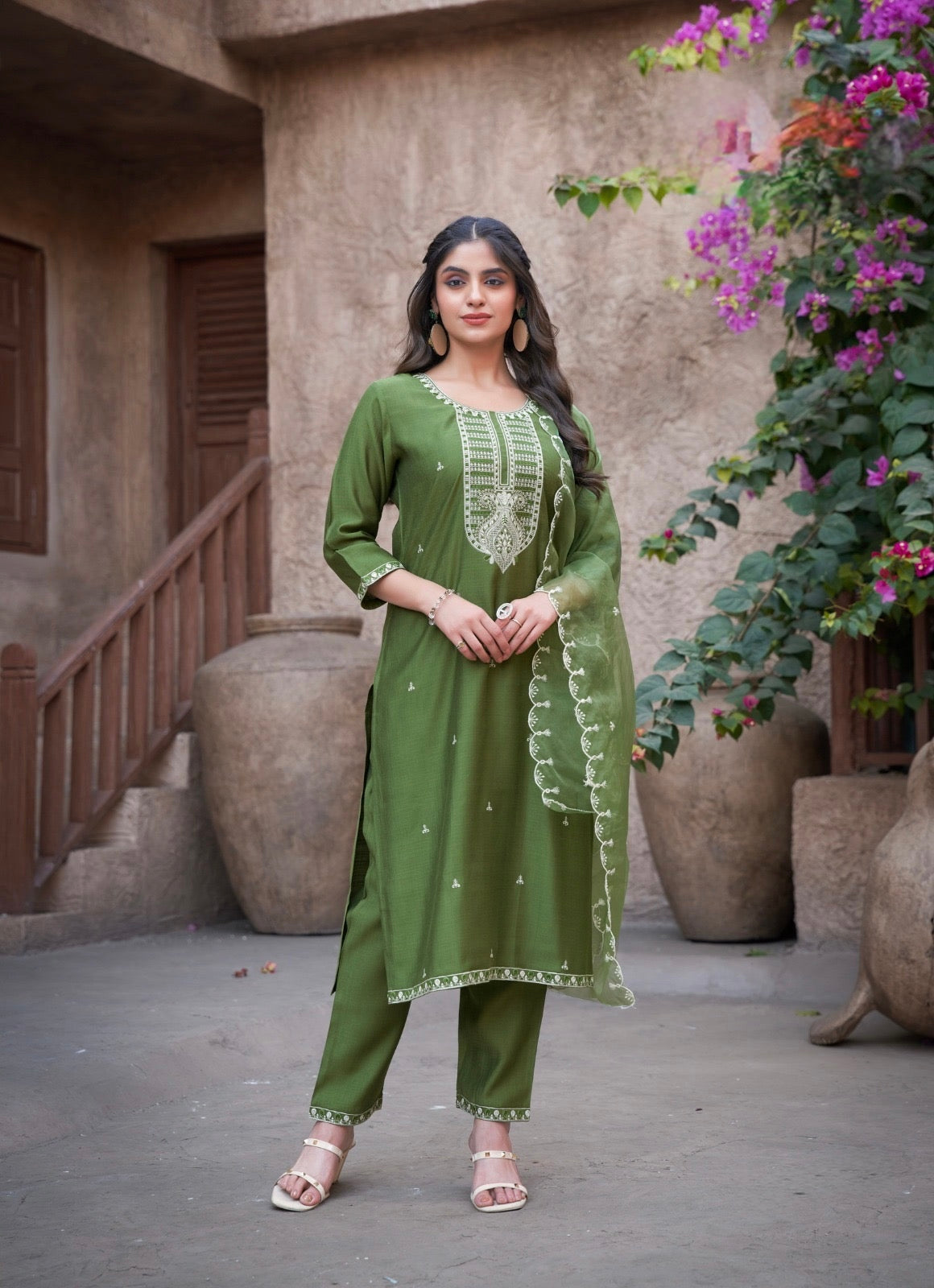 Viscose Vertical Straight Cut Kurta Pant Dupatta Set with Embroidery and Organza Dupatta – Sizes XL to 3XL