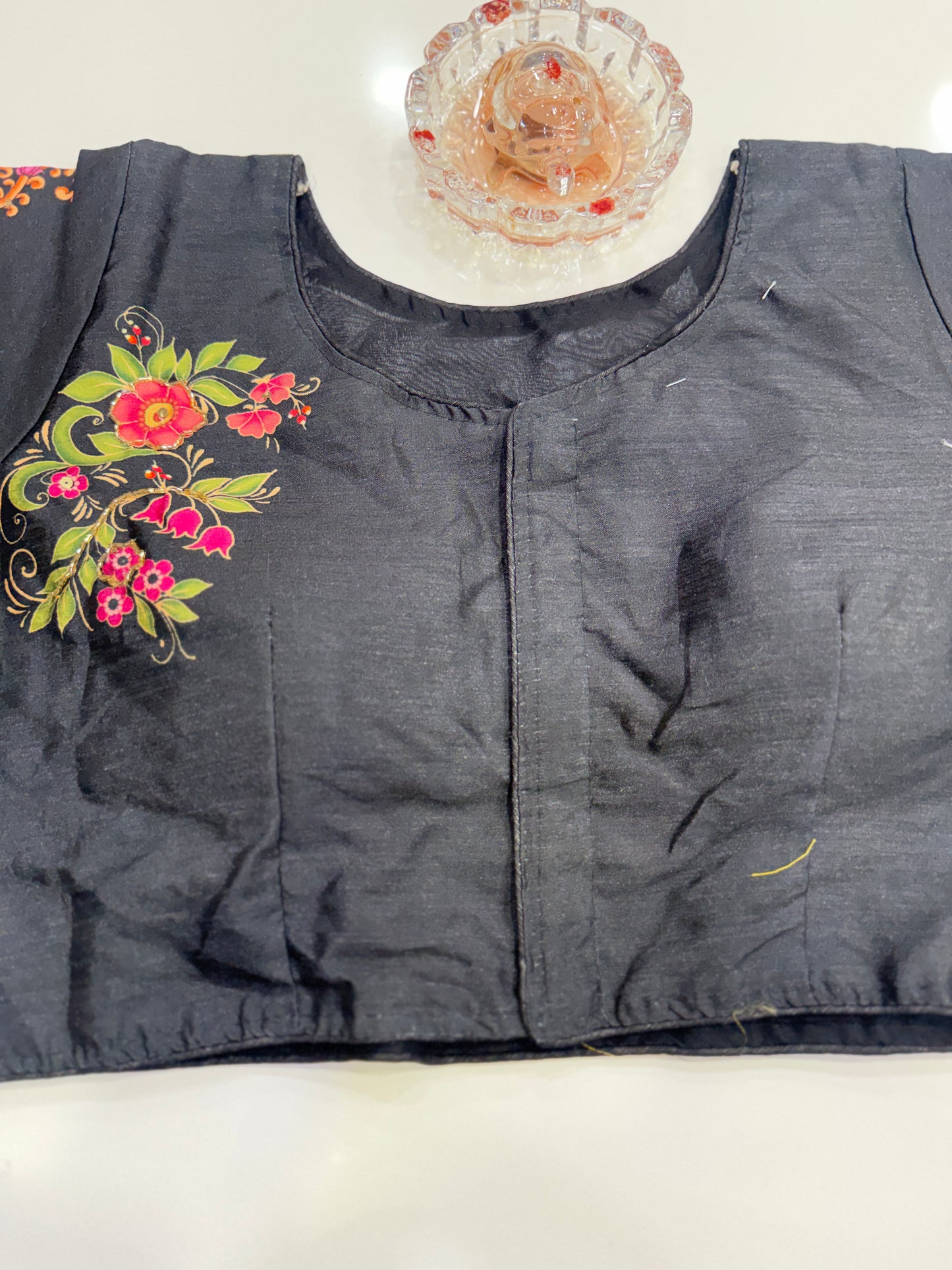 Silk printed readymade blouse for women with antique handcrafted work, size 38–42, short sleeve, saree blouse