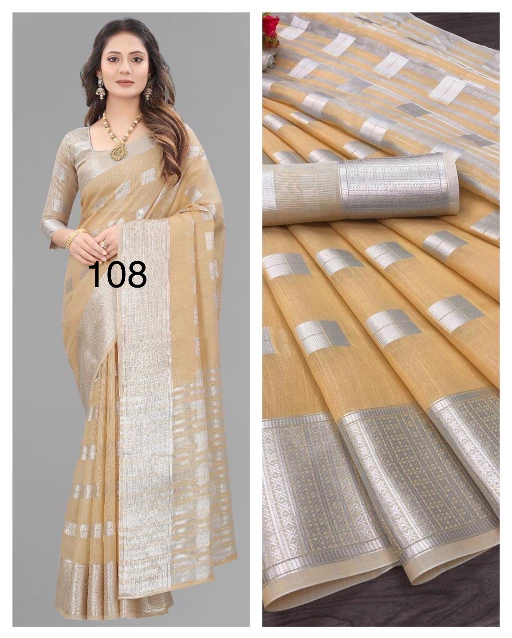 Linen Silk Saree with Silver Zari Weaving and Contrast Blouse – Festive and Wedding Wear