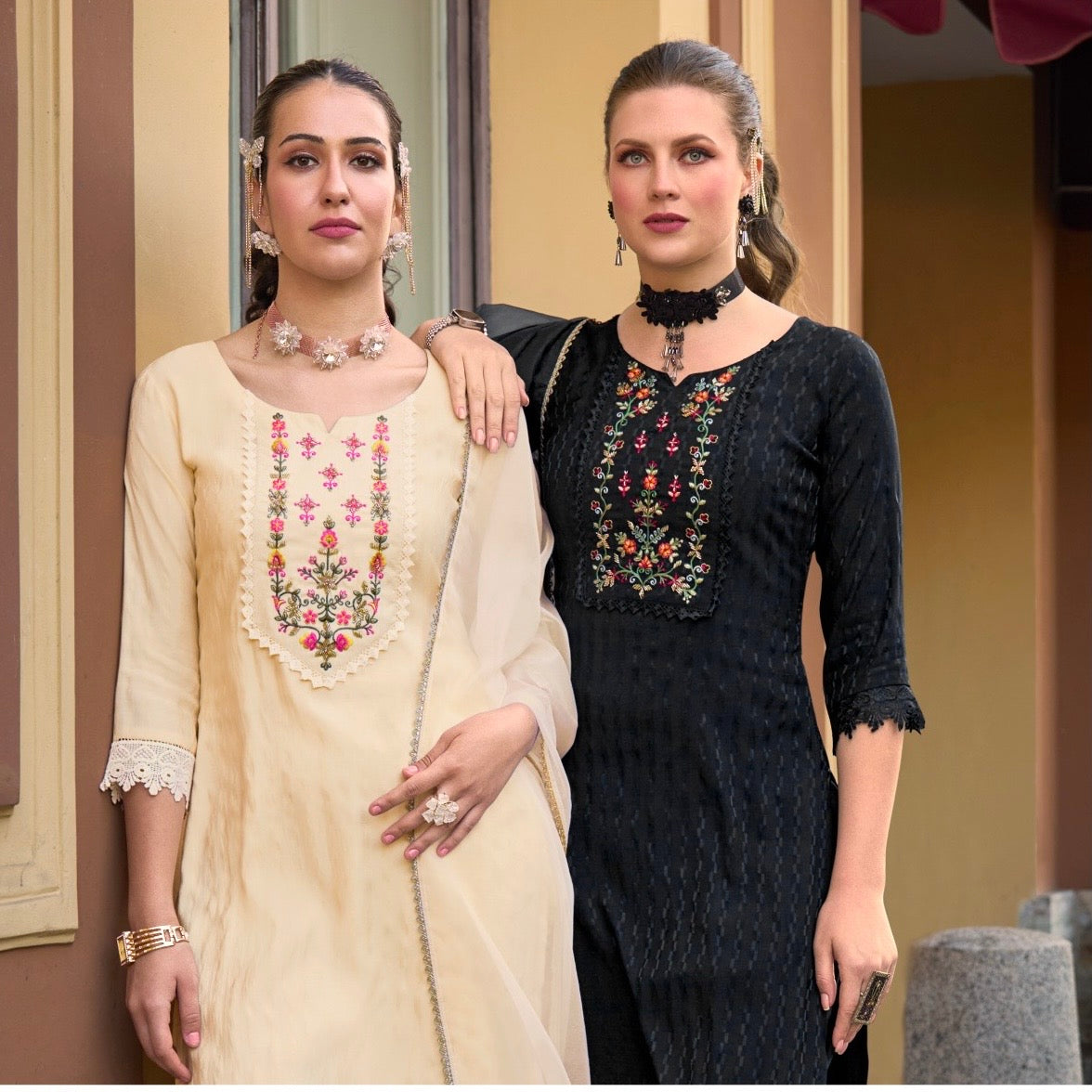 Women’s Self-Jacquard Silk 3-Piece Suit Set with Afghani Bottom and Organza Dupatta – XXL & 3XL