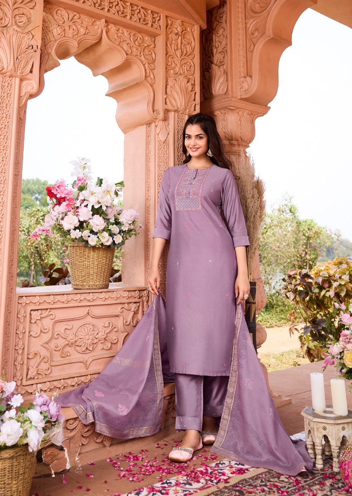 Viscose Nylon Kurti with Pant & Chanderi Block Print Dupatta – Aari Work – Sizes 2XL to 5XL