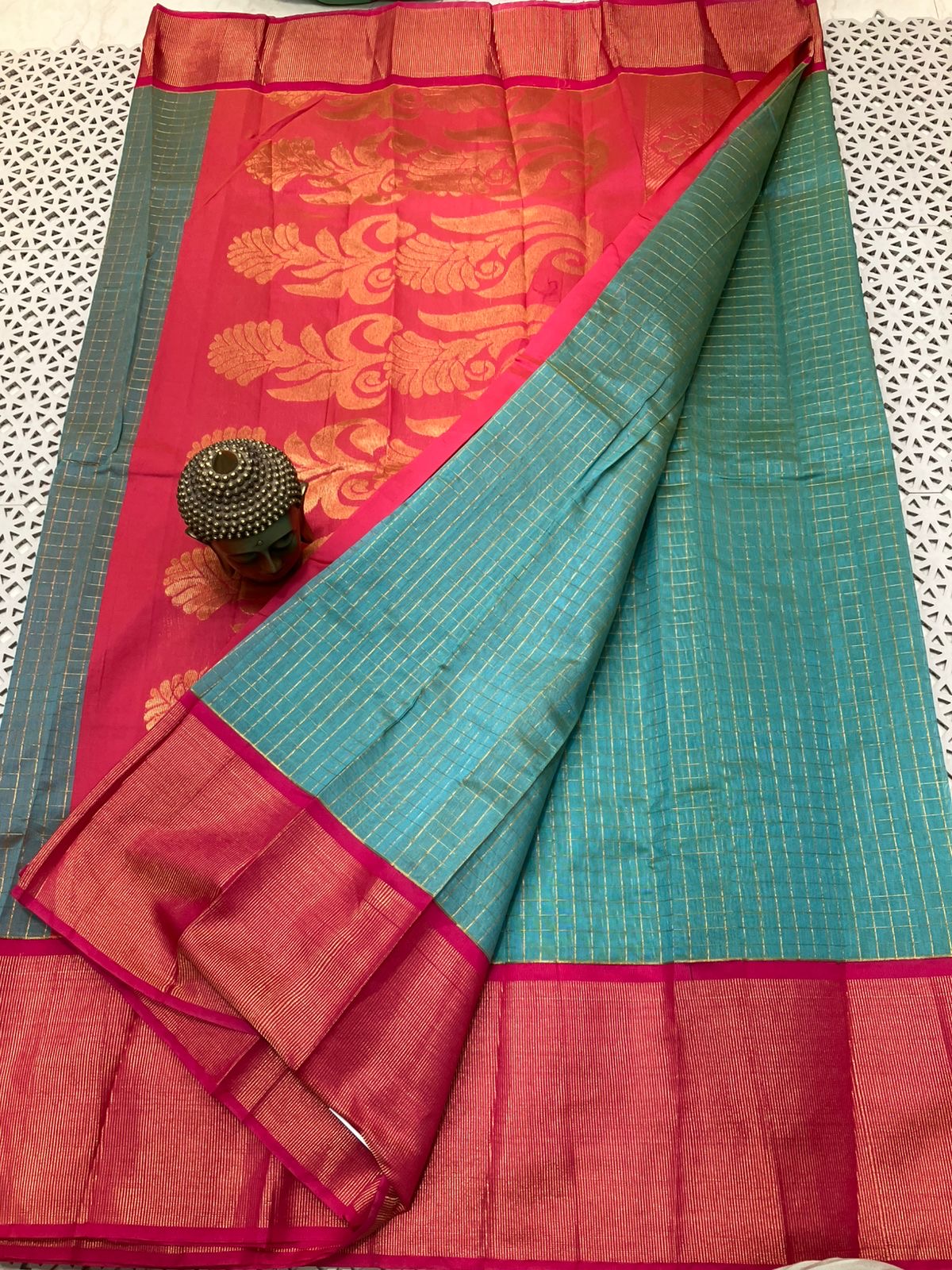 Mangalagiri Semi Pattu Saree with Kadi Border, Checks and Butta Weave for Women – Contrast Pallu and Blouse