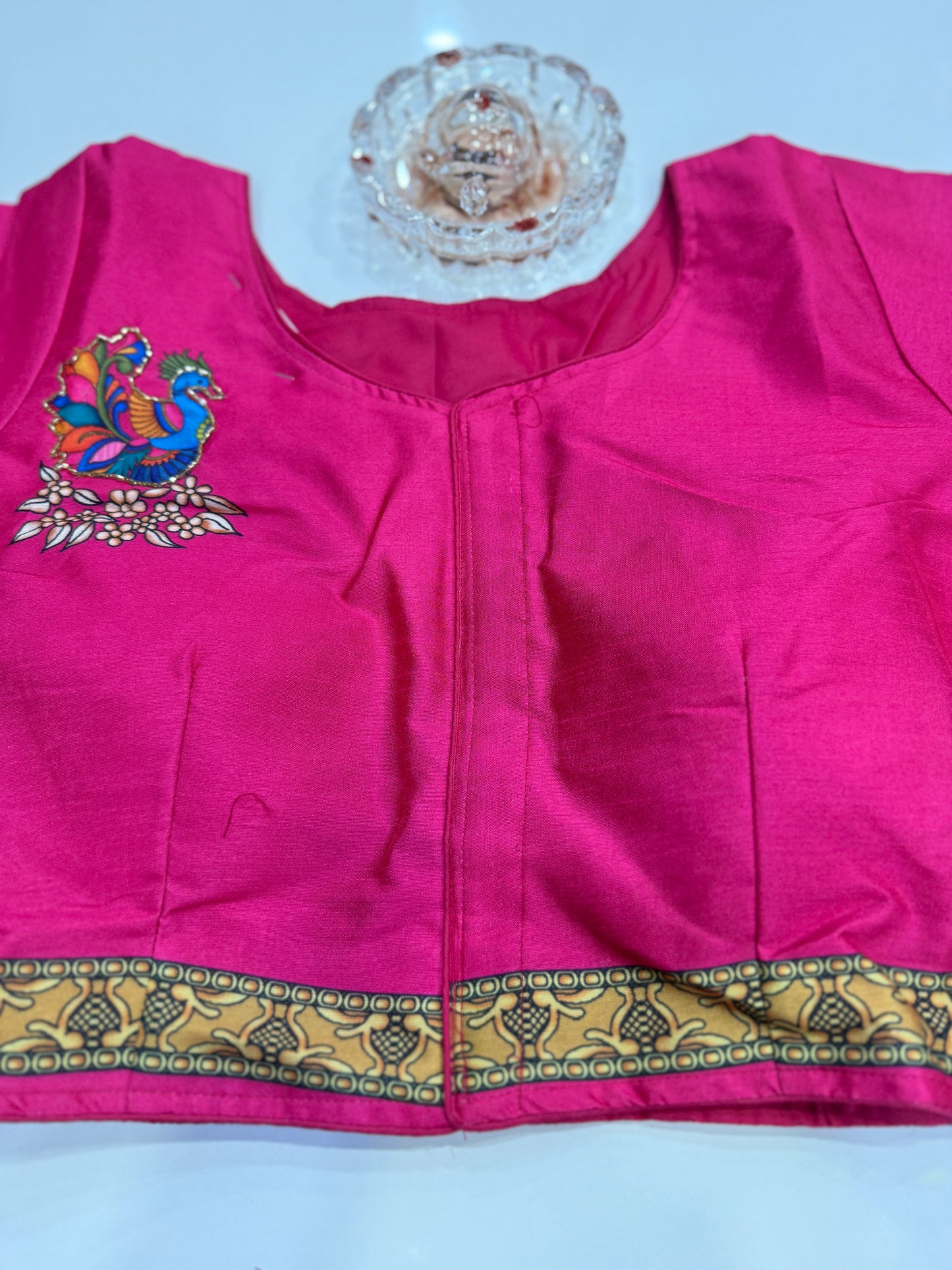 Silk printed readymade blouse for women with antique handcrafted work, size 38–42, short sleeve, saree blouse