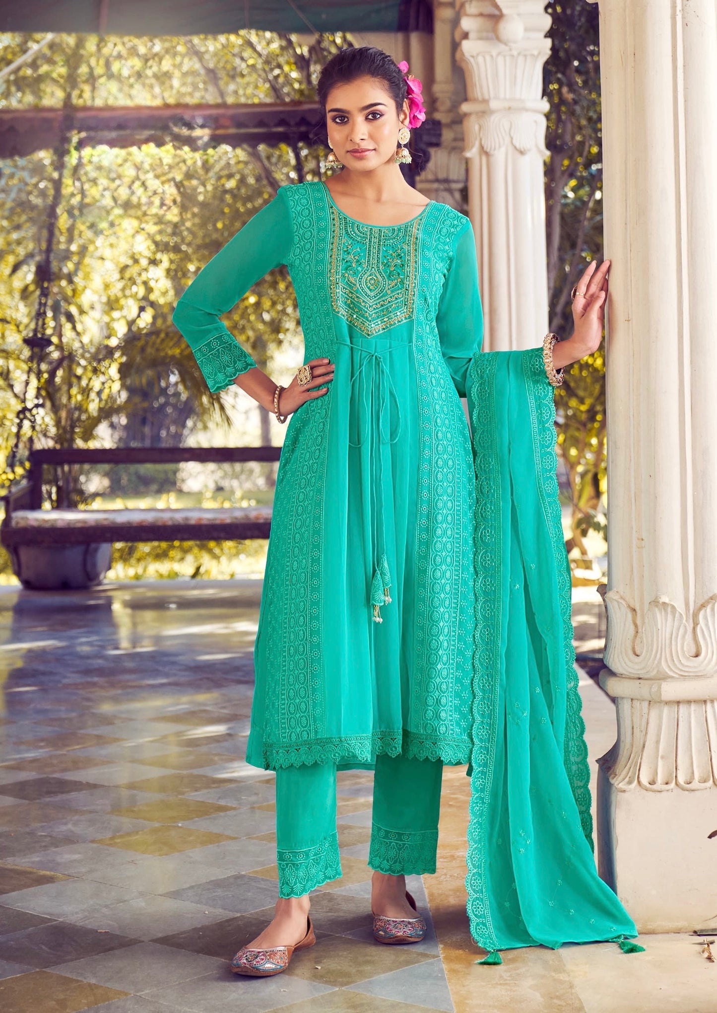 Women’s Georgette Embroidered Suit Set with Mirror Work Neck and Lace Border Pant – L to 3XL