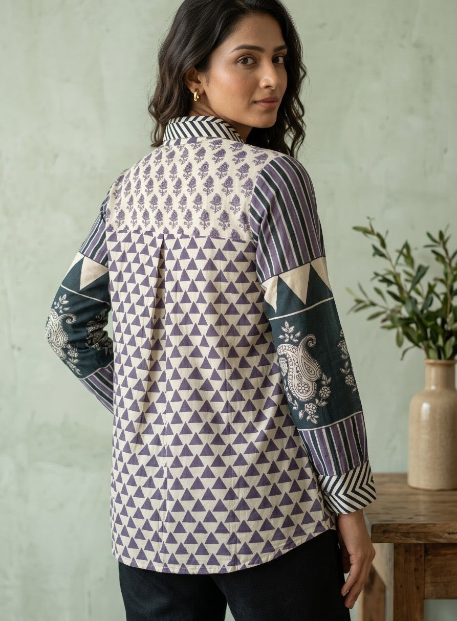 Mul Chanderi Printed Shirt for Women with Detachable Inner, Full Sleeves, Beige Purple