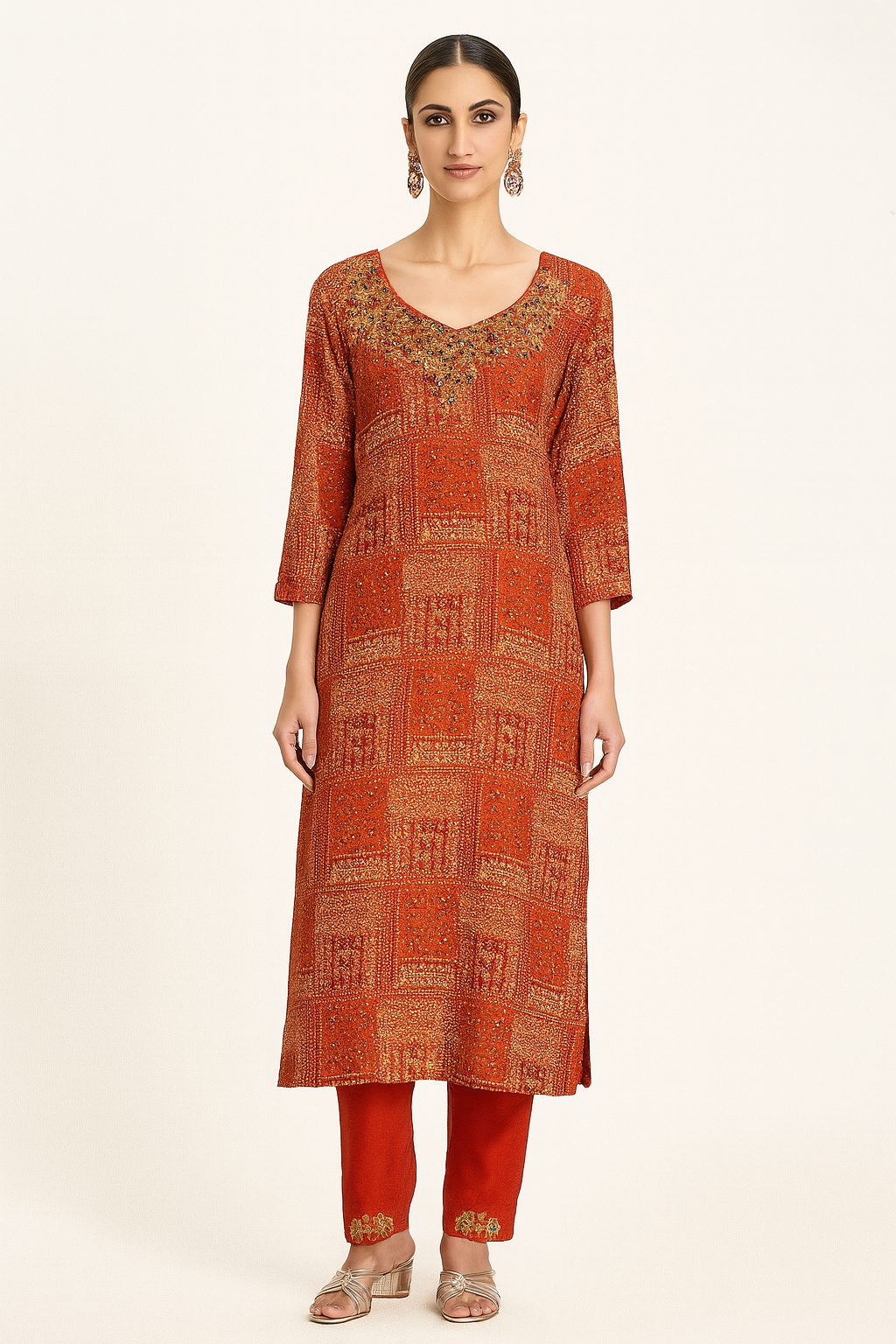 Natural Crepe Kurta Set with Mirror Handwork and Printed Viscose Dupatta – XL to 3XL Sizes