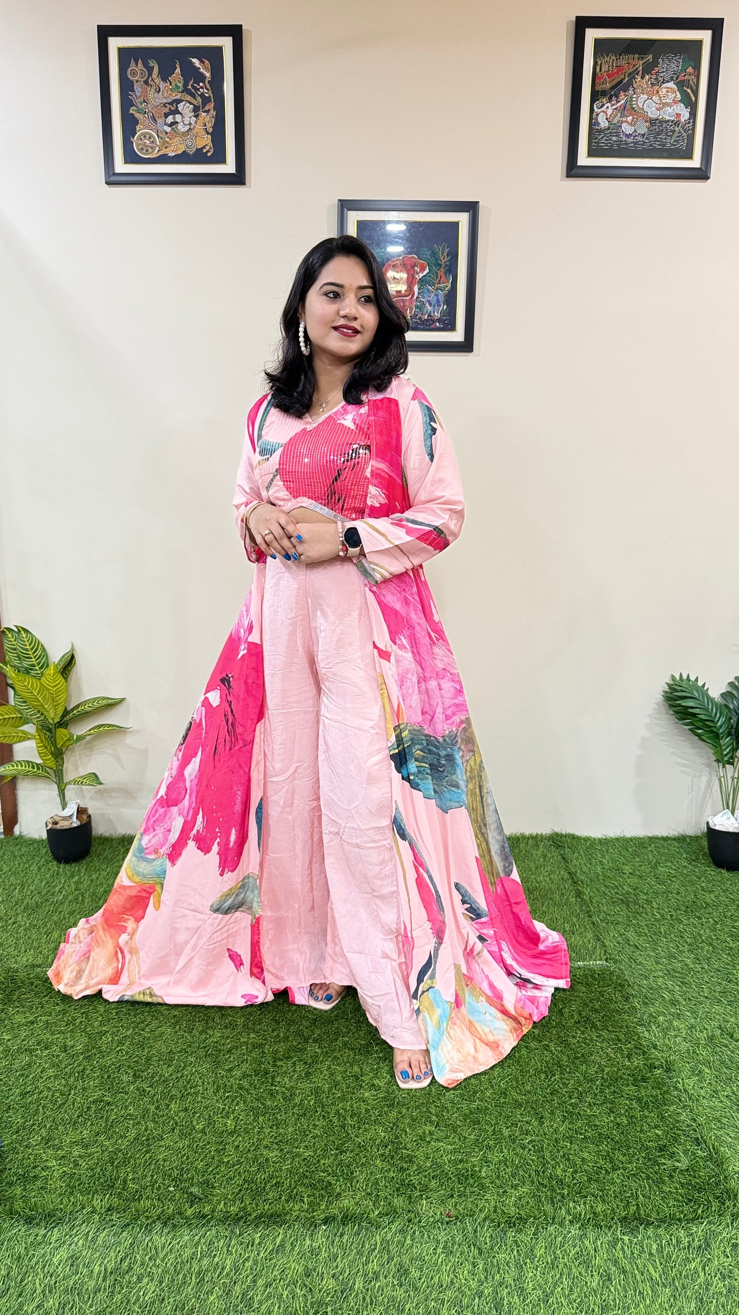 French Crepe Silk 4-Piece Embroidered Ethnic Set for Women – Free Size Stitched Outfit