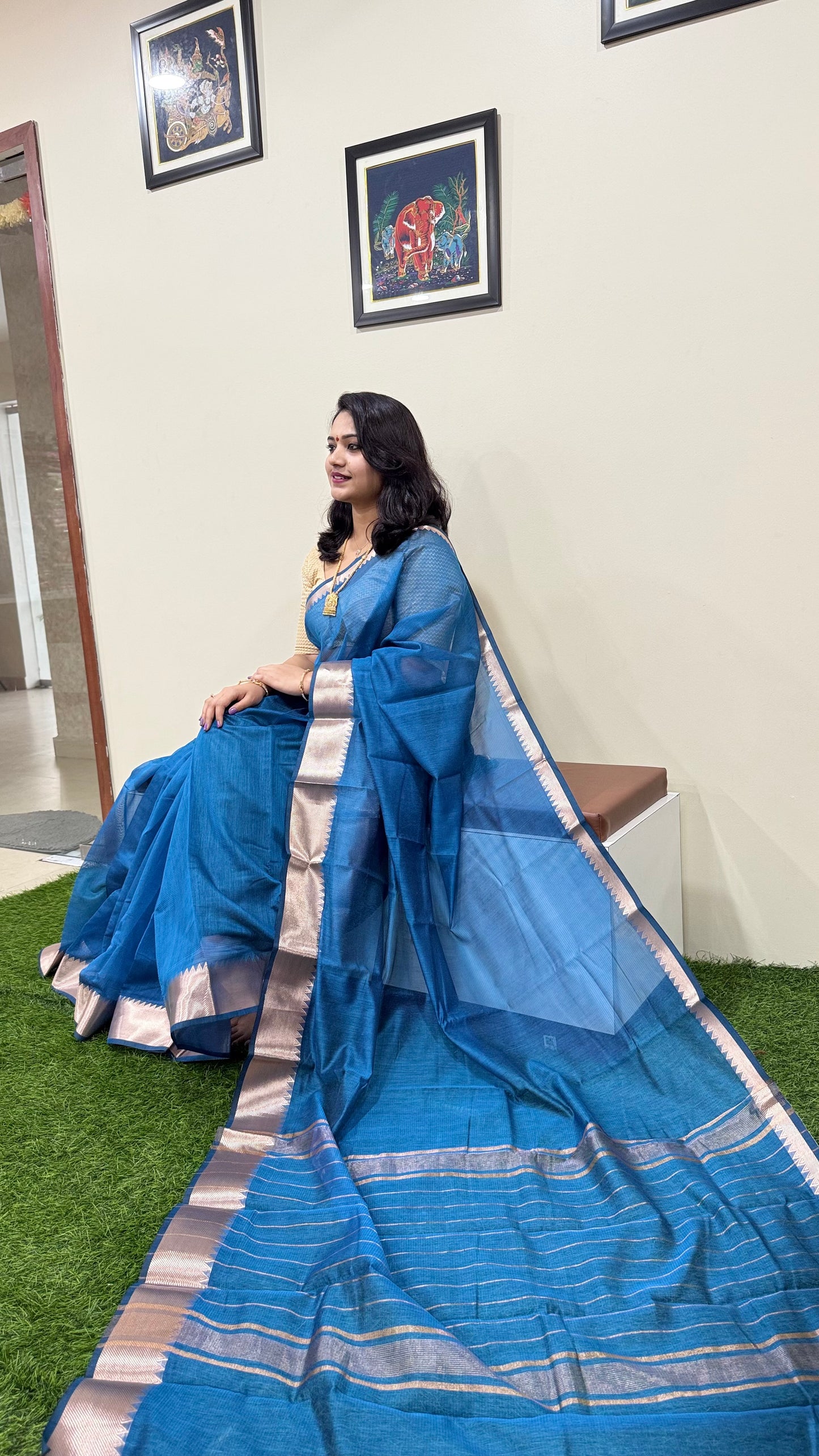 Mangalgiri Soft Semi Tussar Silk Saree with Check Pattern and Blouse Piece for Women – Lightweight Drape