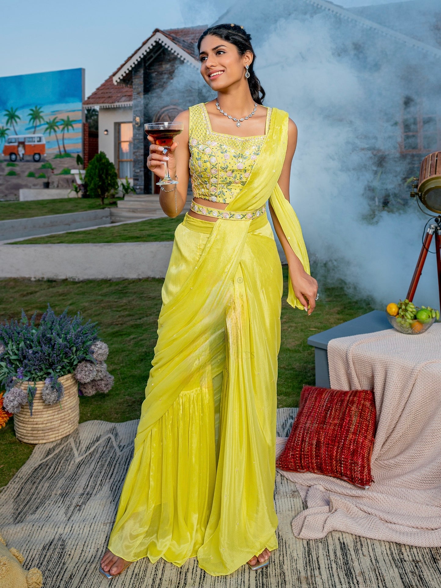 Chinon Chiffon Drape Sharara Set with Handwork Choli and Embellished Belt – M to 2XL Sizes