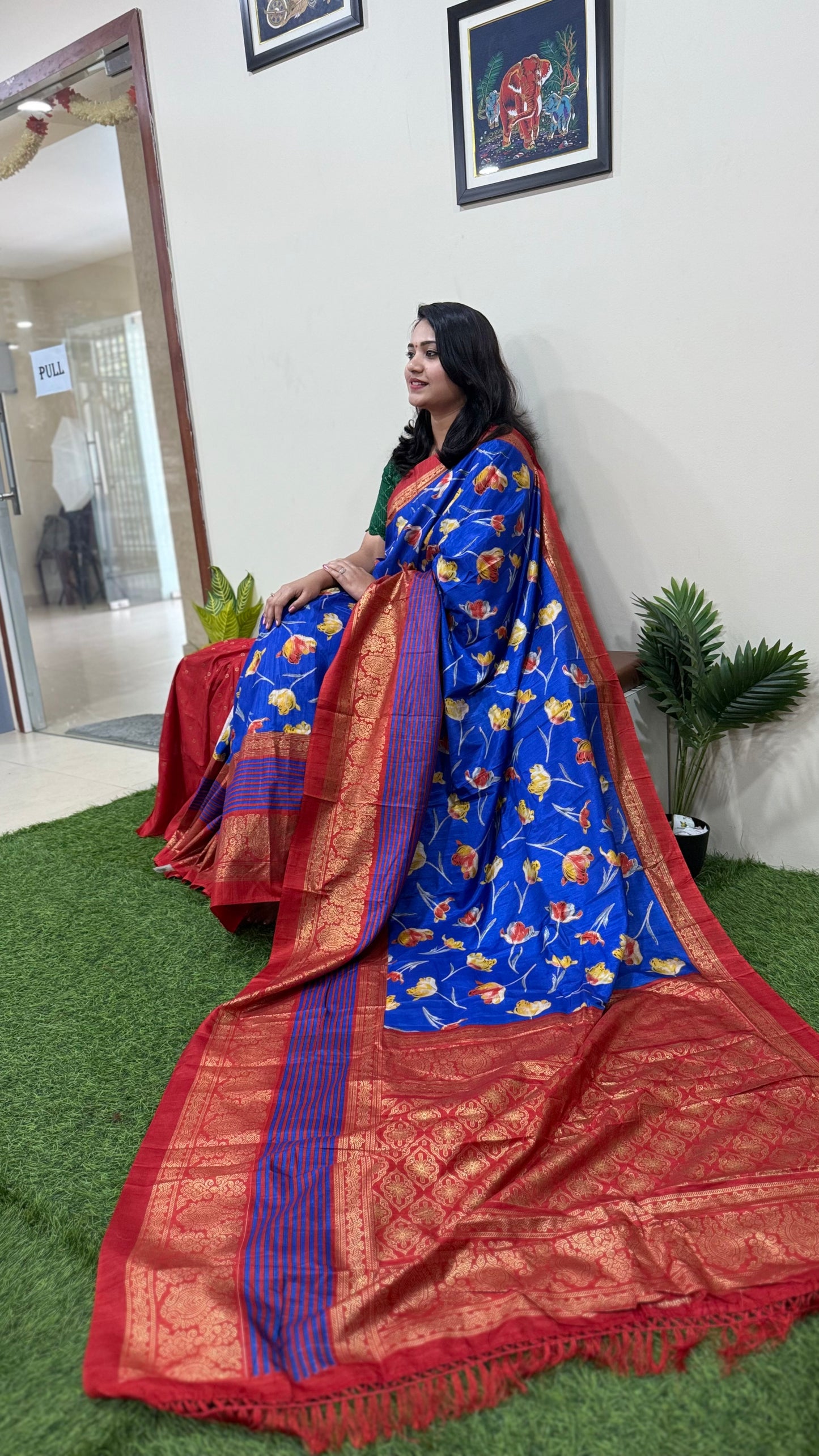 Dola Silk Saree with Kalamkari Patola Digital Print and Gold Zari Foil Border
