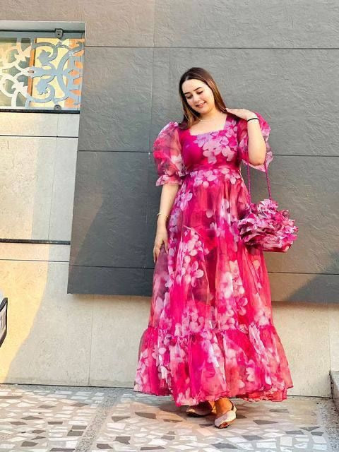 organza dresses for women Hot Pink Tabby Organza Maxi Dress for Women with Flare and Square Neck – M to XXL