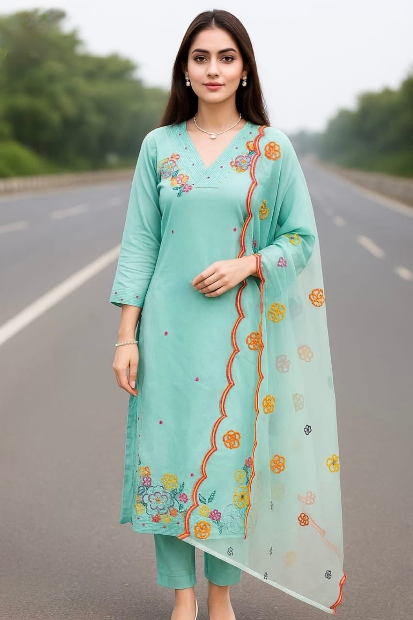 Modal Silk Kurta Pant Dupatta Set with Embroidery Work – Women’s Ethnic Wear (Sizes M–2XL)