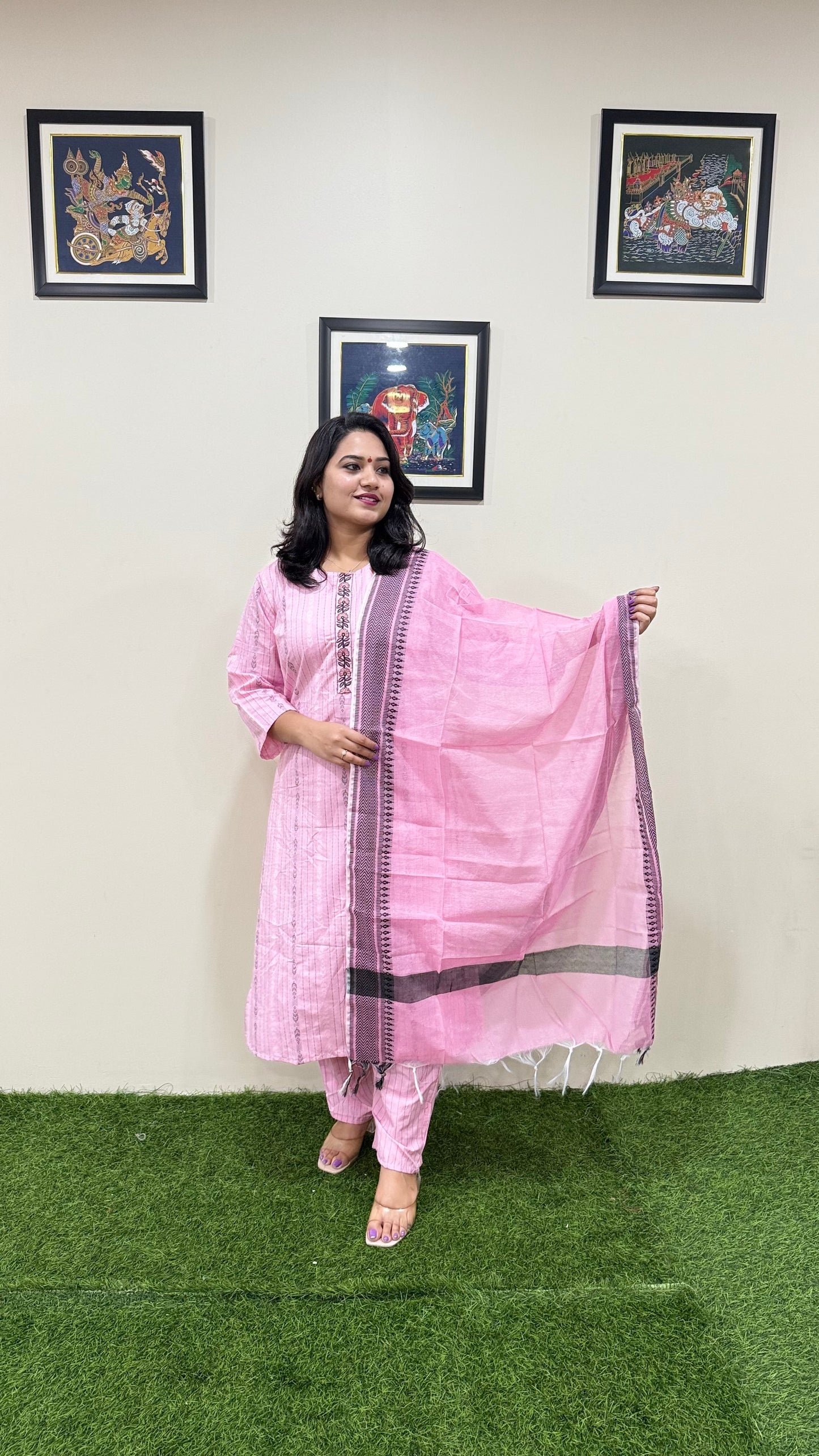 Cotton Handloom Straight Cut Kurta Pant Dupatta Set with Embroidery – Plus Sizes XL to 3XL