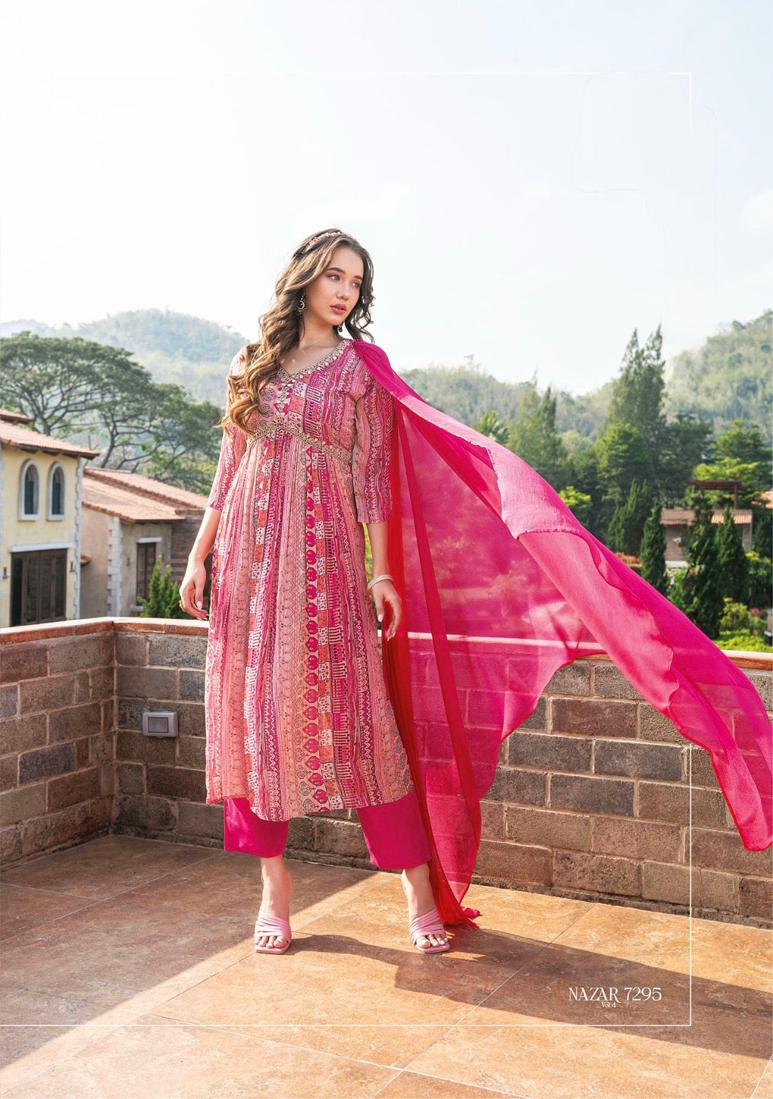 Women’s pure chinon Alia cut kurti set with handwork and shaded nazmin dupatta – festive ethnic wear