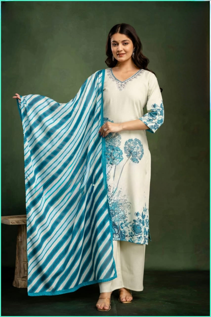 Cotton Flex Suit Set with Digital Print Zari Mirror Work and Leheriya Dupatta for Women