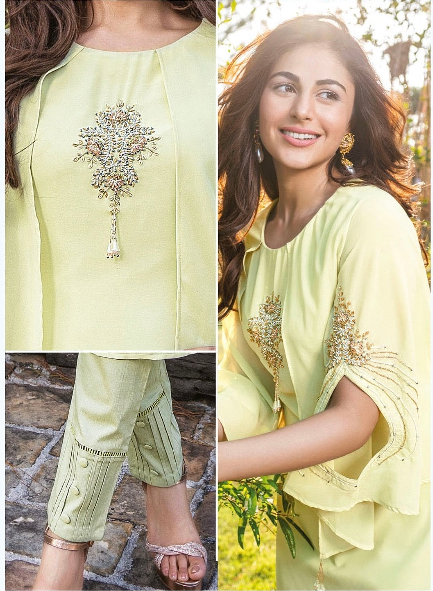 Georgette Designer Kurti Pant Set for Women with Handwork and Cotton Lycra Bottom