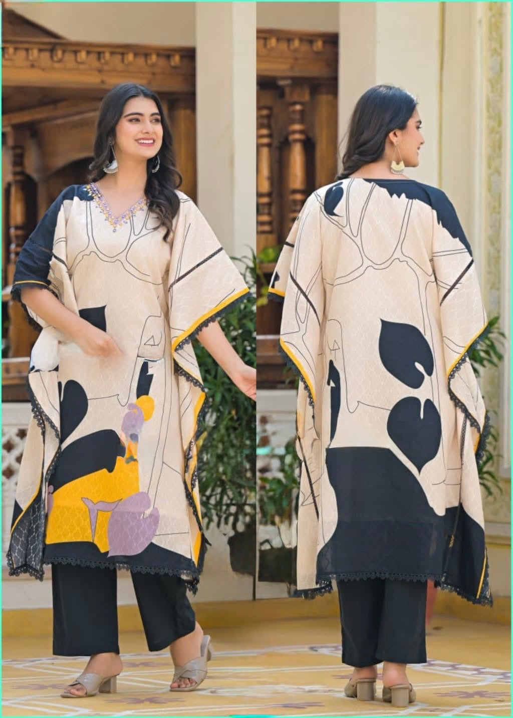 Dobby Cotton Kaftan Set with Digital Print, Mirror and Bead Work for Women