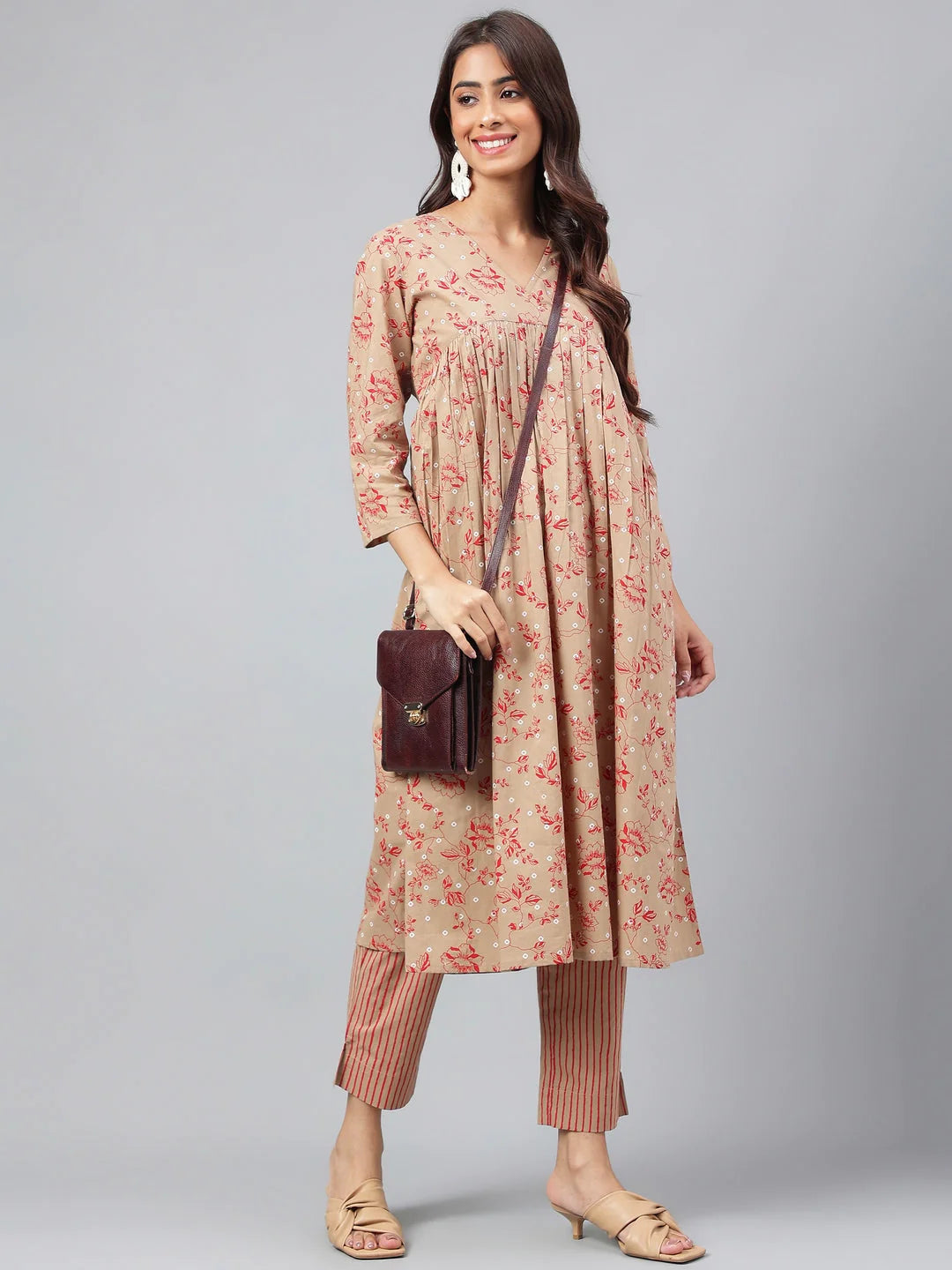 Brown Cotton Floral Printed Gathered Kurta with Striped Pant Set for Women