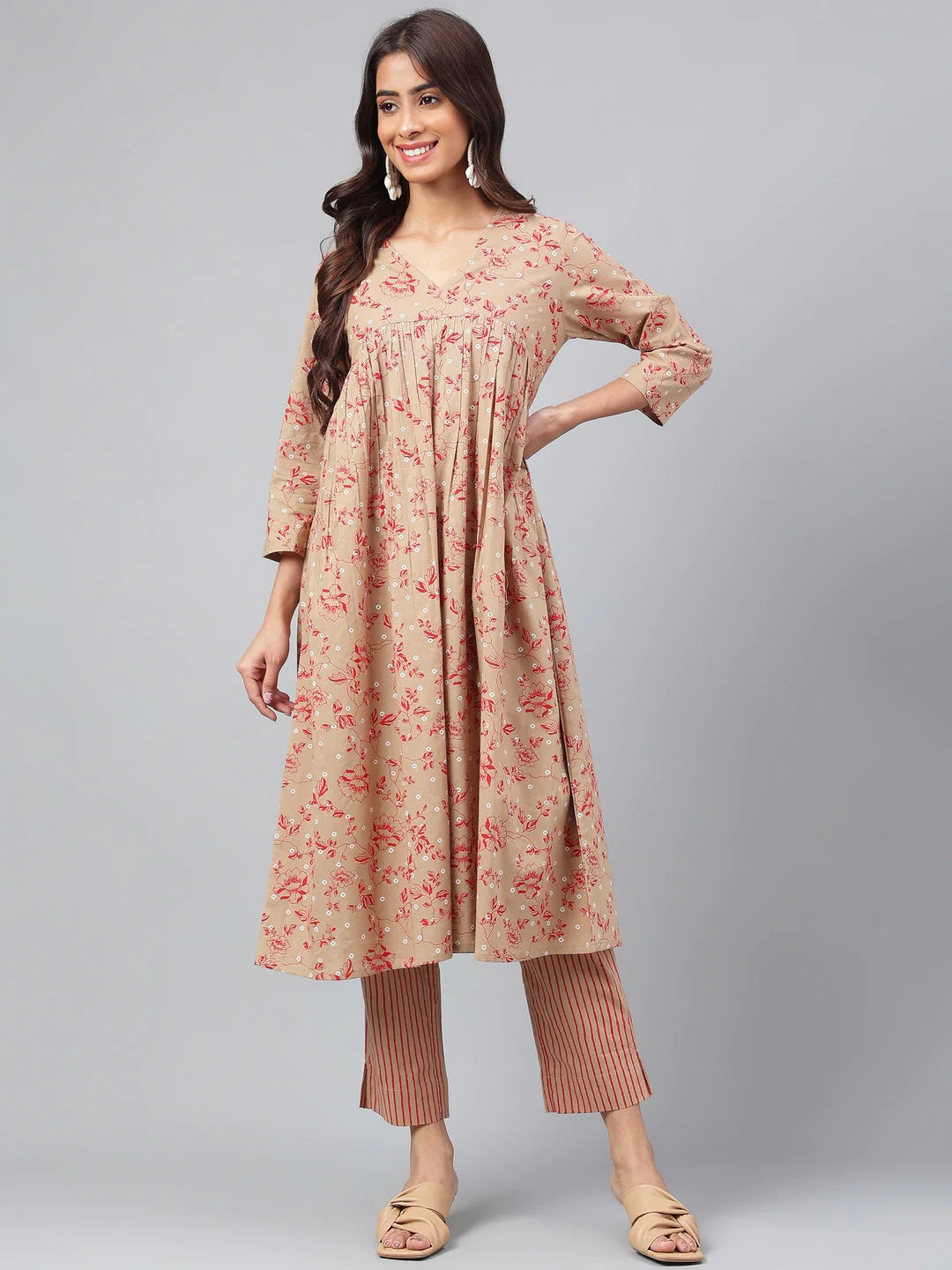 Brown Cotton Floral Printed Gathered Kurta with Striped Pant Set for Women