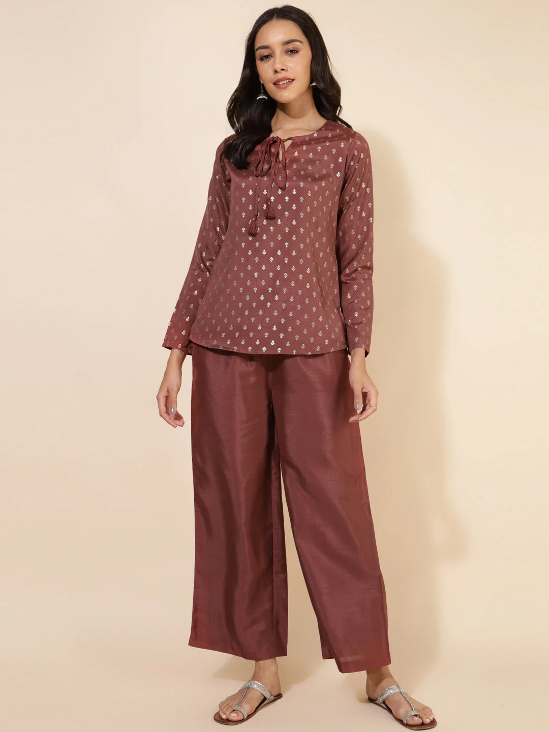 Brown crepe silk foil printed co-ord set for women – festive wear top with full sleeves and pants