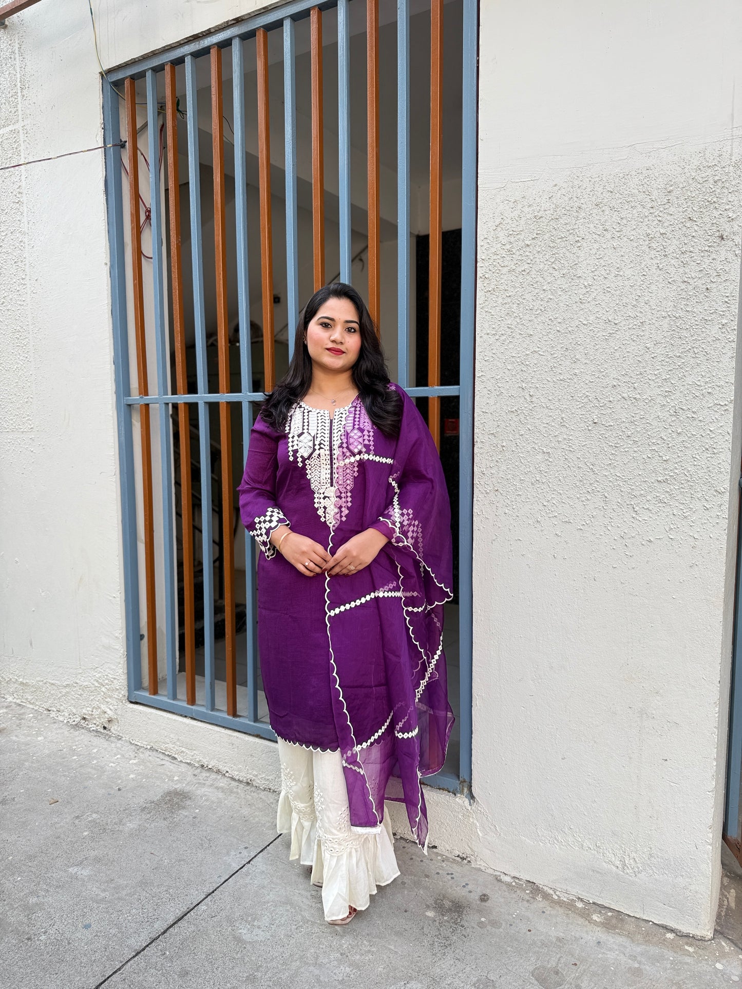 Purple Real Silk Mirror Embroidered Kurta Palazzo Dupatta Set for Women – Festive and Party Wear Designer Outfit (XL)