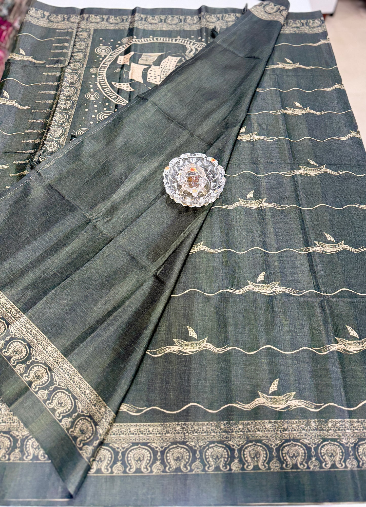 Semi Tussar Silk Saree with Ethnic Print Border and Tassel Pallu, Sea & Ships Print