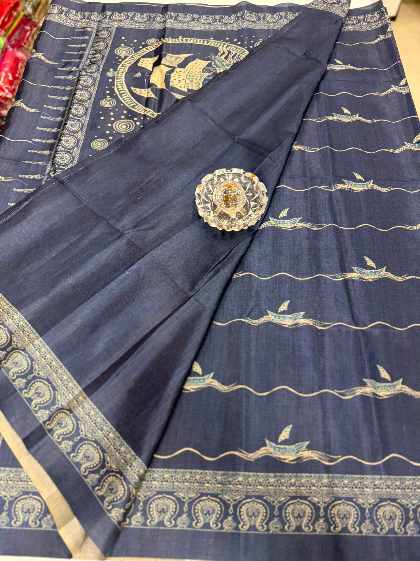 Semi Tussar Silk Saree with Ethnic Print Border and Tassel Pallu, Sea & Ships Print