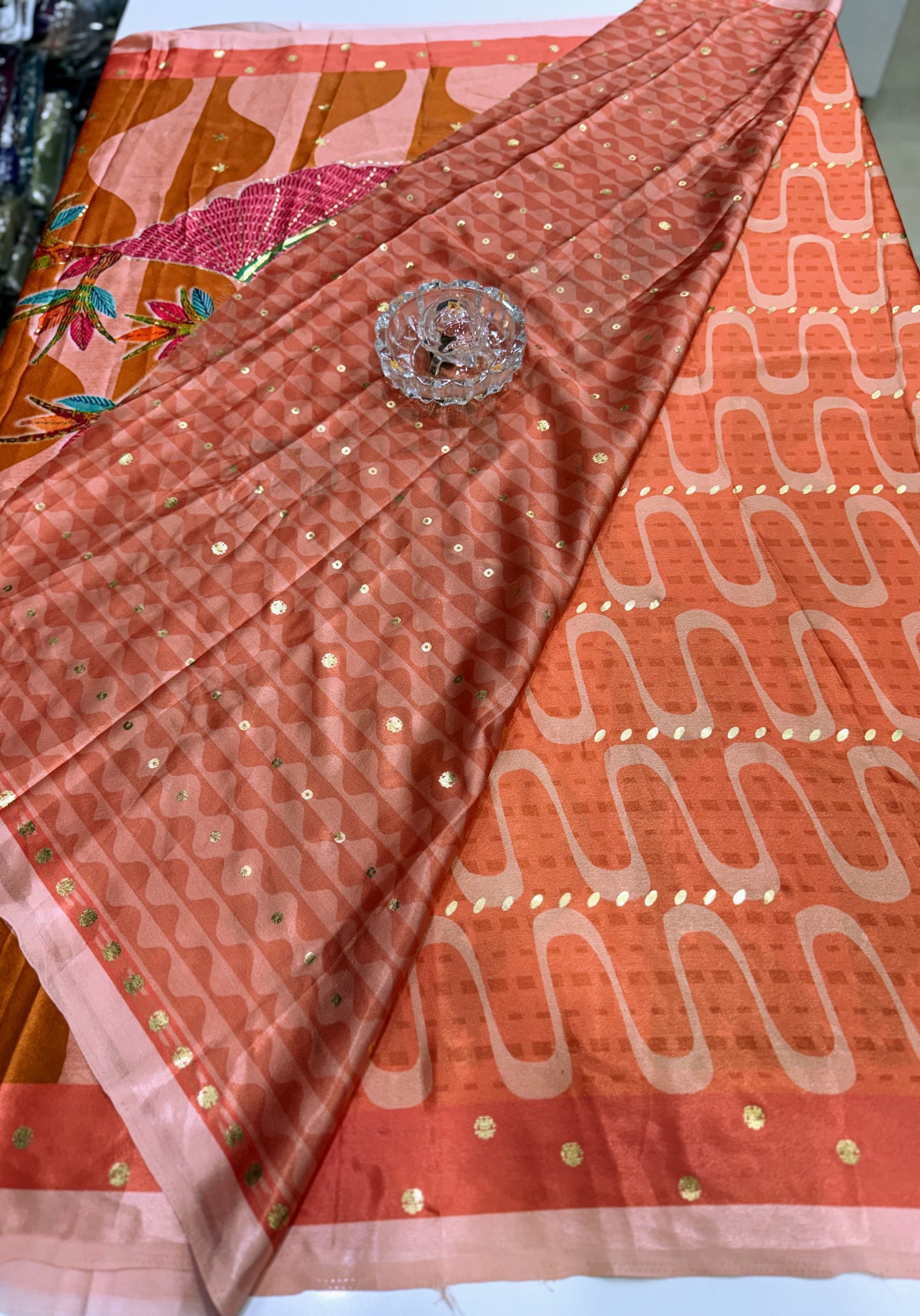 Japan satin saree for women with position print pallu and blouse, soft satin printed saree for festive and casual wear