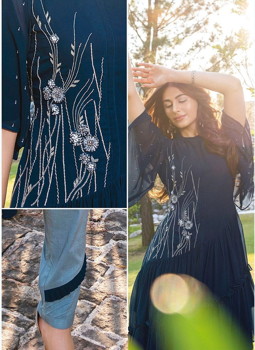 Georgette Designer Kurti Pant Set for Women with Handwork and Cotton Lycra Bottom