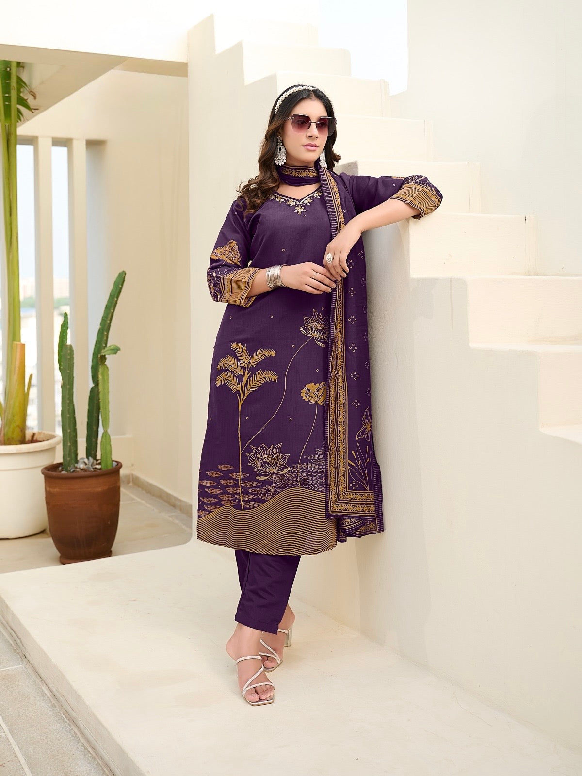Modal Discharge Print Three-Piece Suit Set with Handwork – Sizes XL and XXL