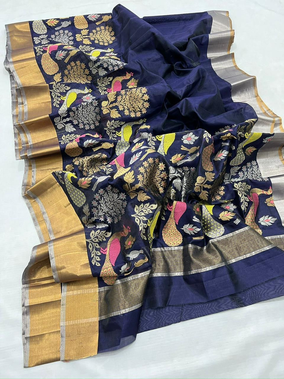 Pattu Pure Chanderi Silk Saree with All-Over Minakari Jaal Work