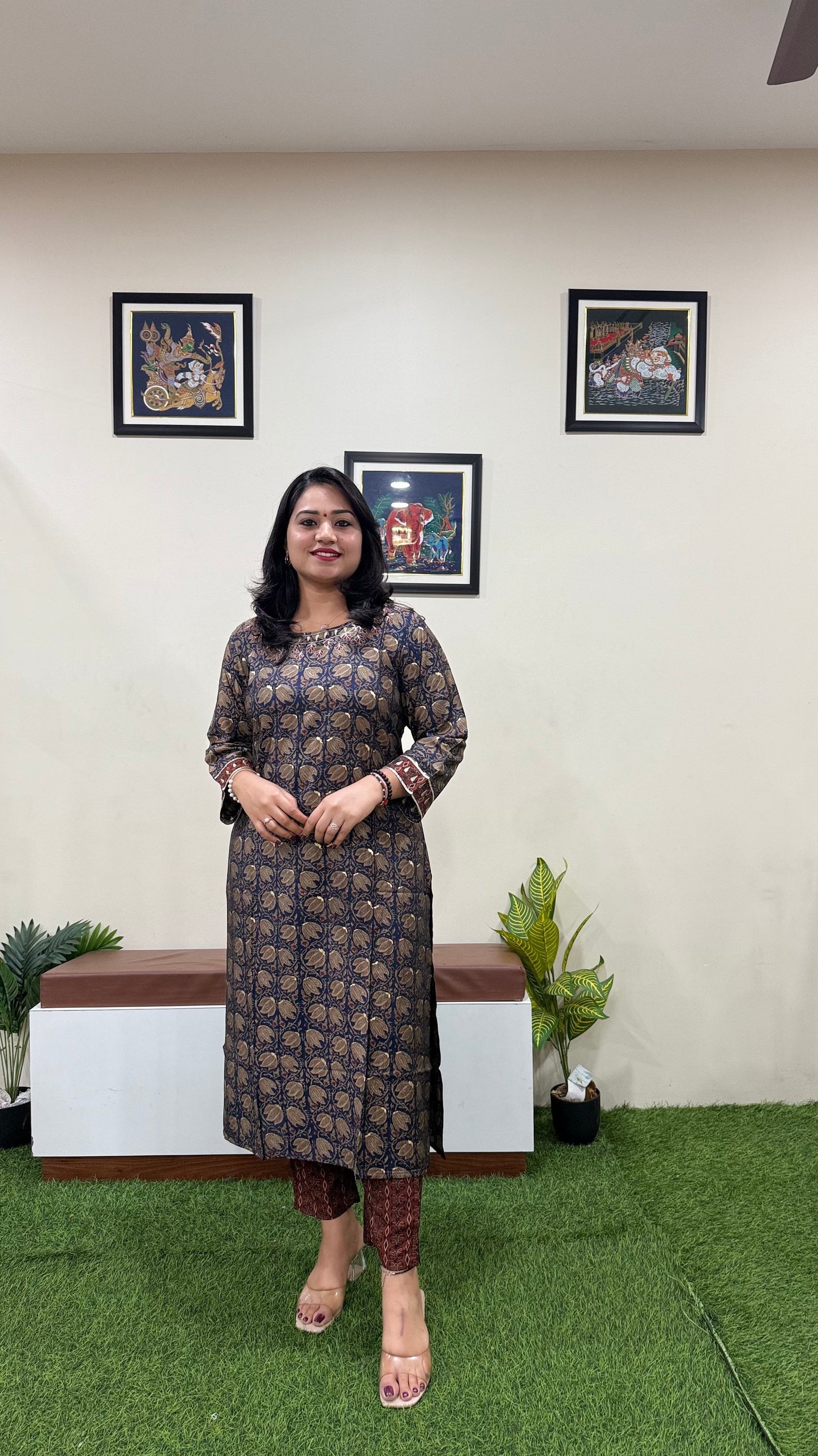 Pure Muslin Kurti Pant Set for Women with Golden Print | Elegant Daily & Festive Wear