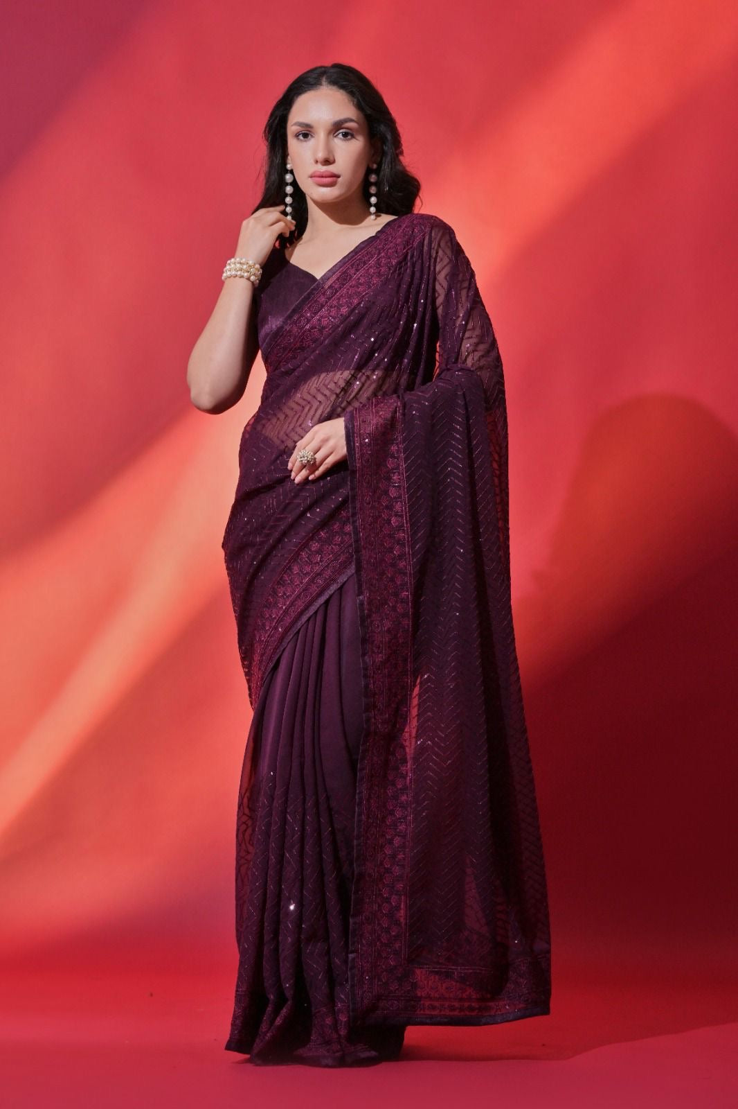 Graceful Soft Georgette Saree with Sequins Embroidery and Piping Lace Border