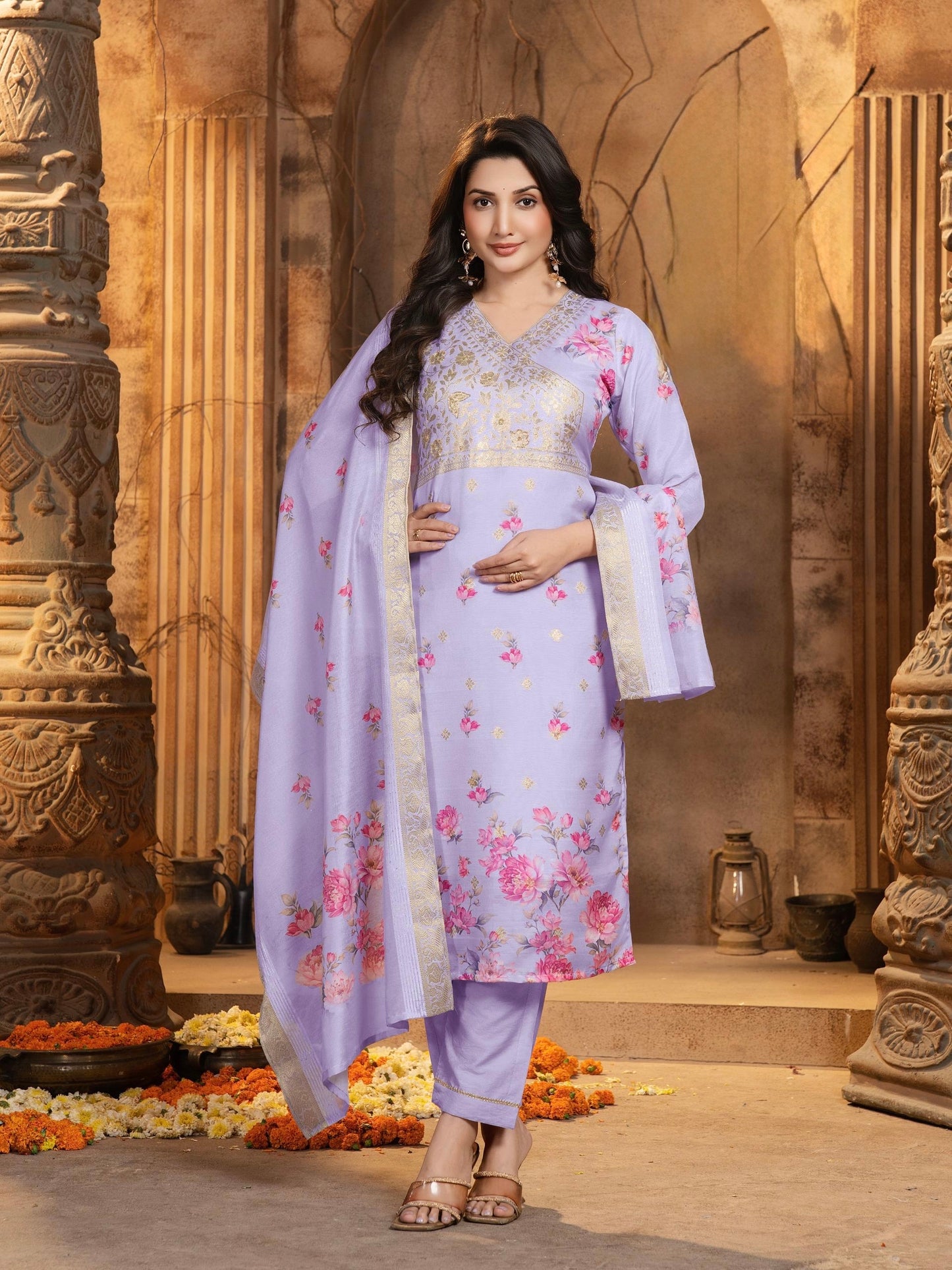 Chanderi Jacquard Straight Kurta Pant Set with Digital Print Dupatta – Women’s Ethnic Wear