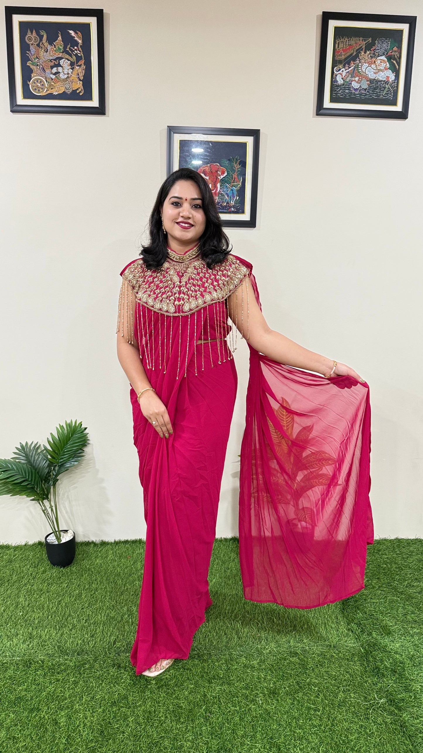 Pre-Draped Georgette Saree with Stitched Crop Top and Hand-Embroidered Cape – Ready-to-Wear Set for Women