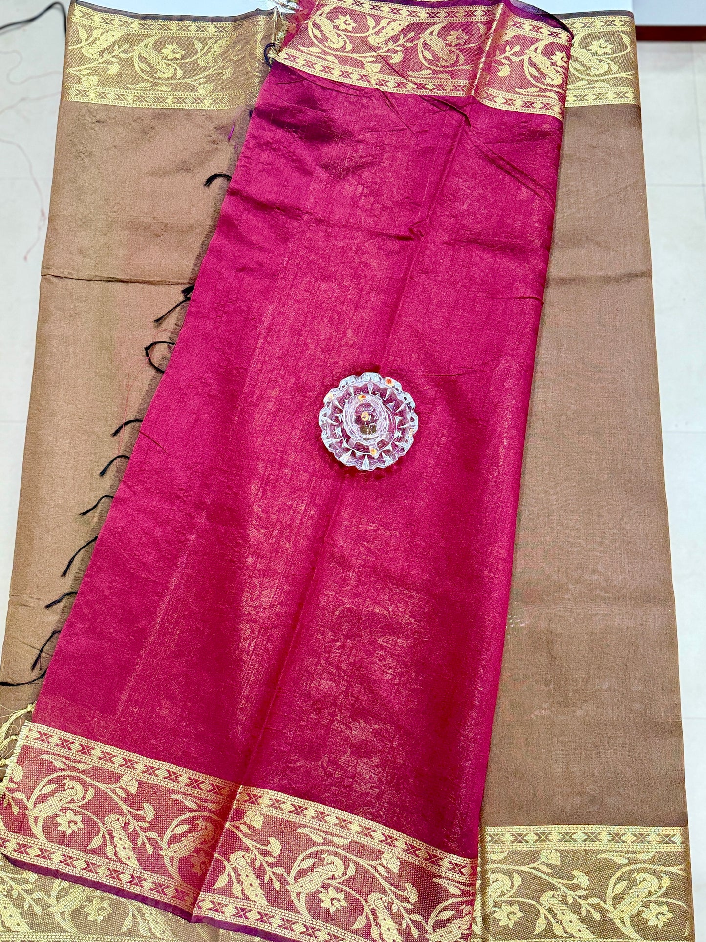 Semi Raw Silk Saree with Zari Hand Border, Heavy Jamdani Pallu and Contrast Blouse