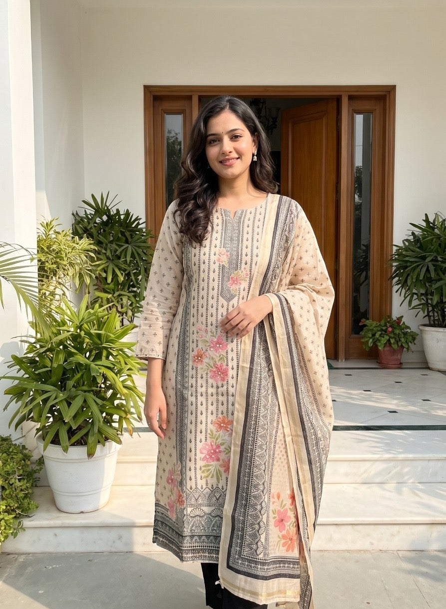 Embroidered Jamdani Kurta Pant Dupatta Set for Women with Lining, Cream