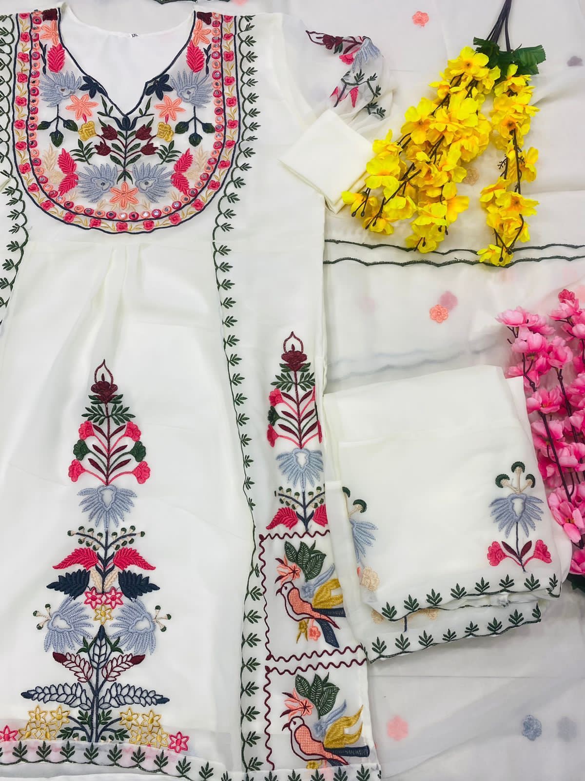 Pearl White Georgette Embroidered Suit Set with Dupatta – Sizes M to 3XL