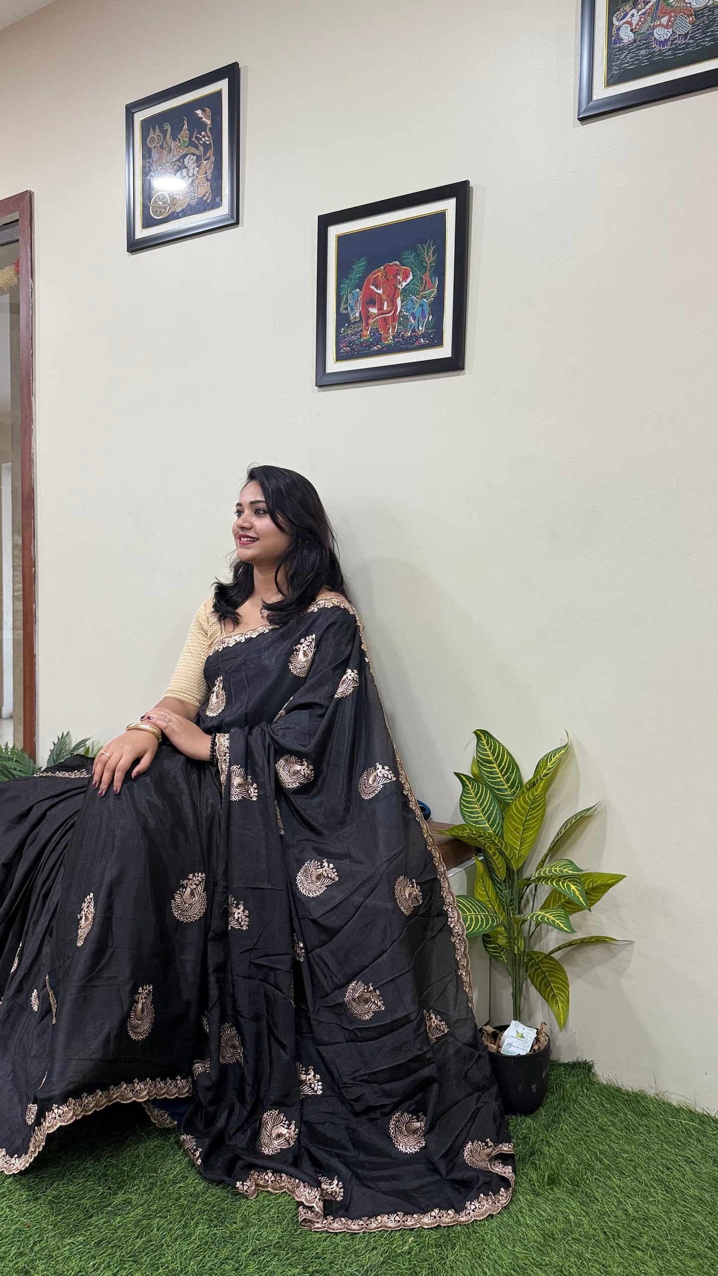 Pure Chinnon Saree with Embroidery, Work & Peacock Butta Motifs – Heavy Embroidered Blouse