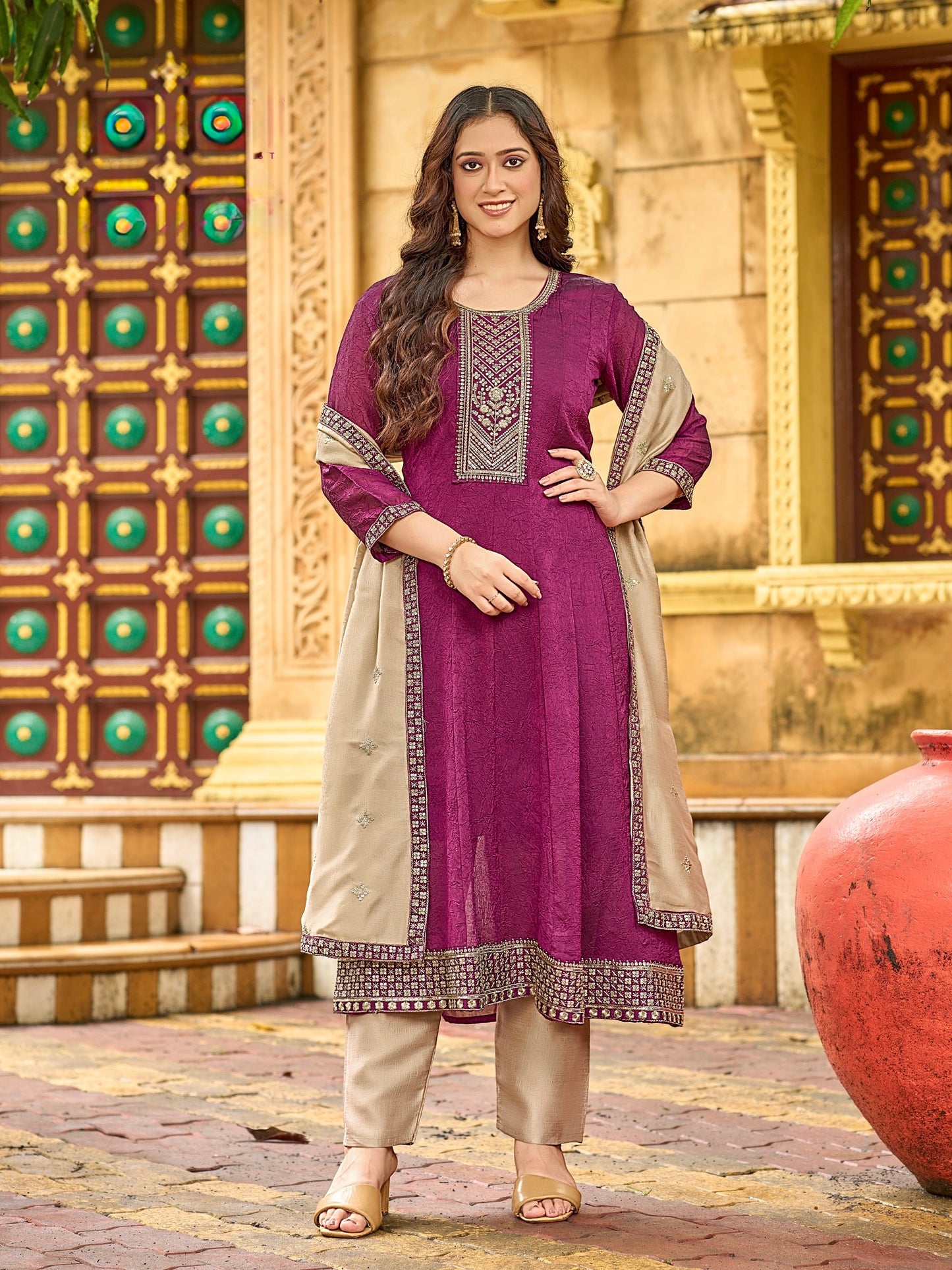 Flared 3-Piece Suit Set for Women in Fancy Fabric with Embroidered Dupatta – XL and XXL Sizes