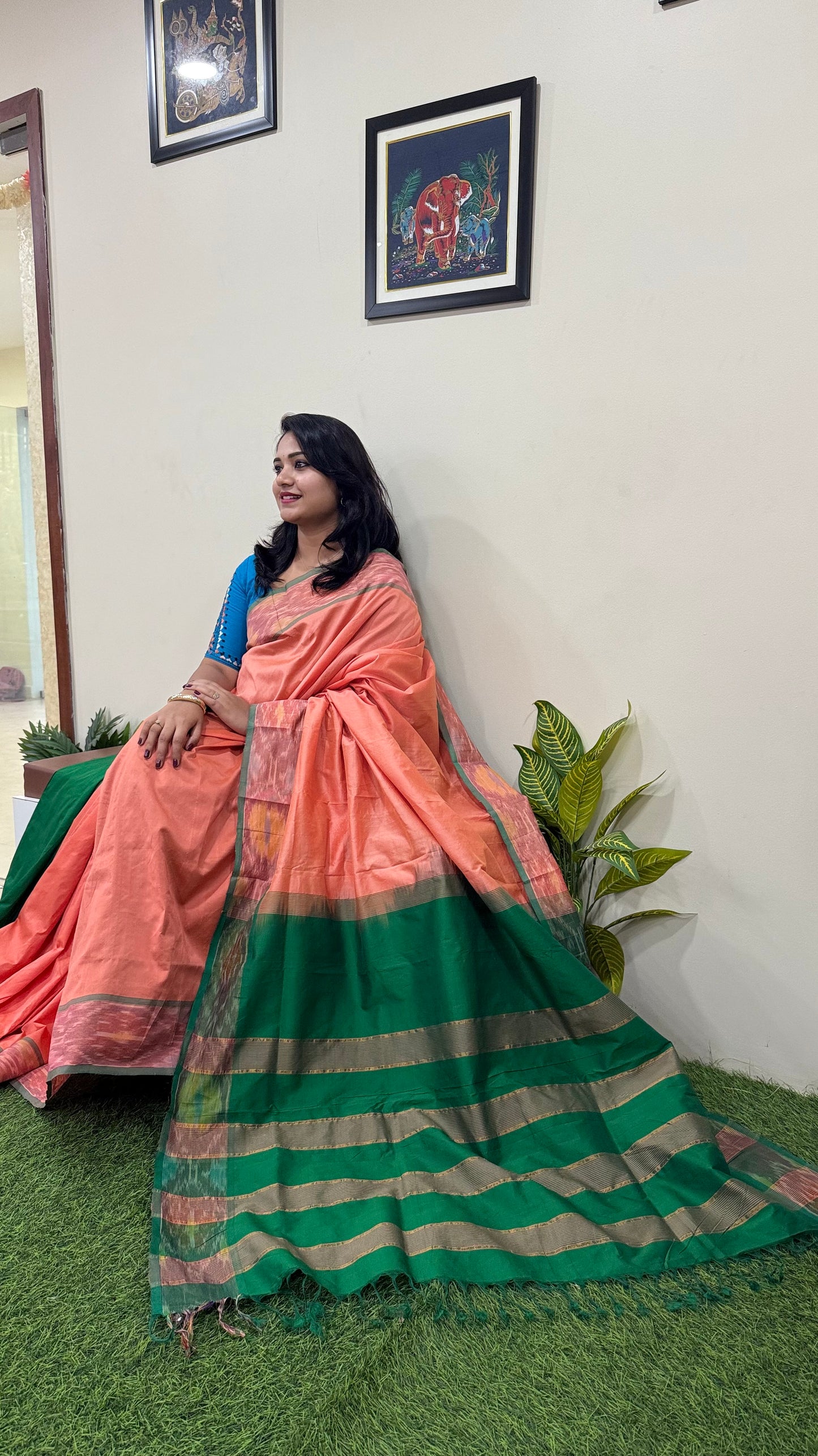 Venkatagiri Silk Cotton Saree with Zari Pochampally Border, Contrast Pallu and Blouse for Women