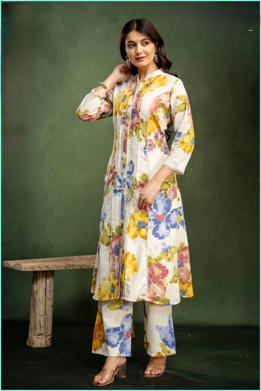 Cotton Flex A-Line Kurta Plazzo Set for Women with Digital Print and Pintuck Design