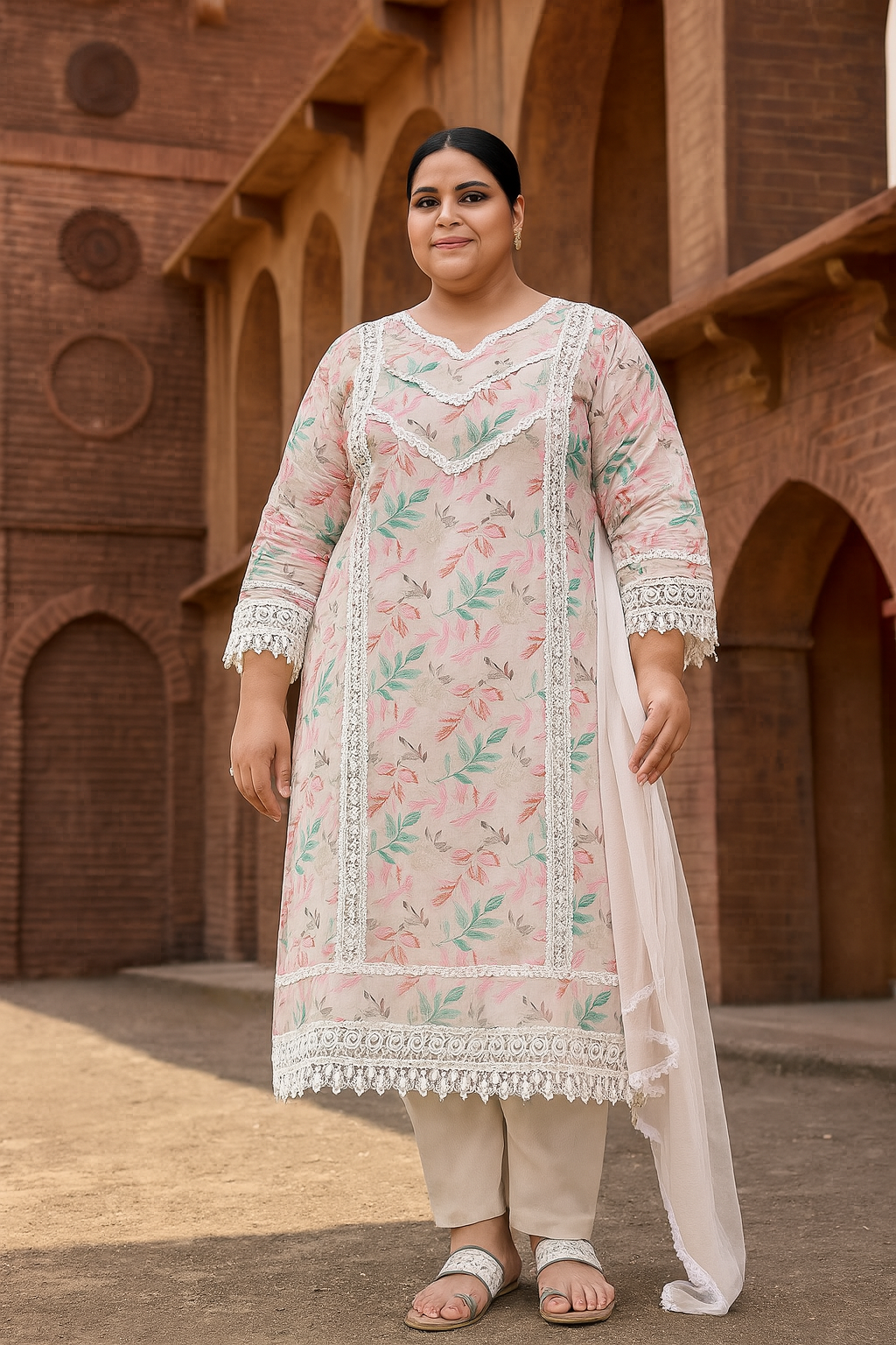 Linen Cotton Kurti Pant Set with Nazmin Dupatta and Lace Work – Plus Sizes Available