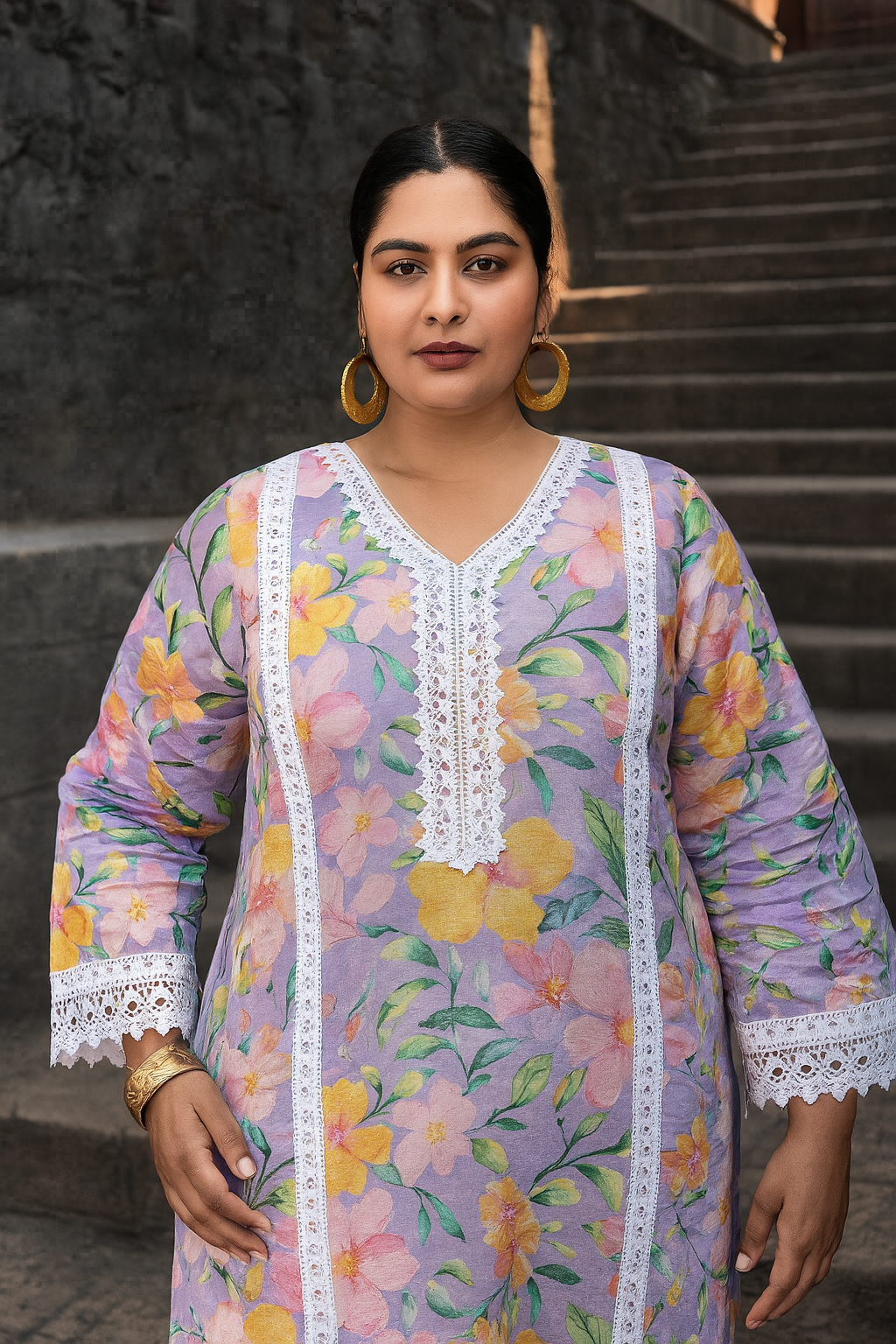 Linen Cotton Kurti Pant Set with Nazmin Dupatta and Lace Work – Plus Sizes Available