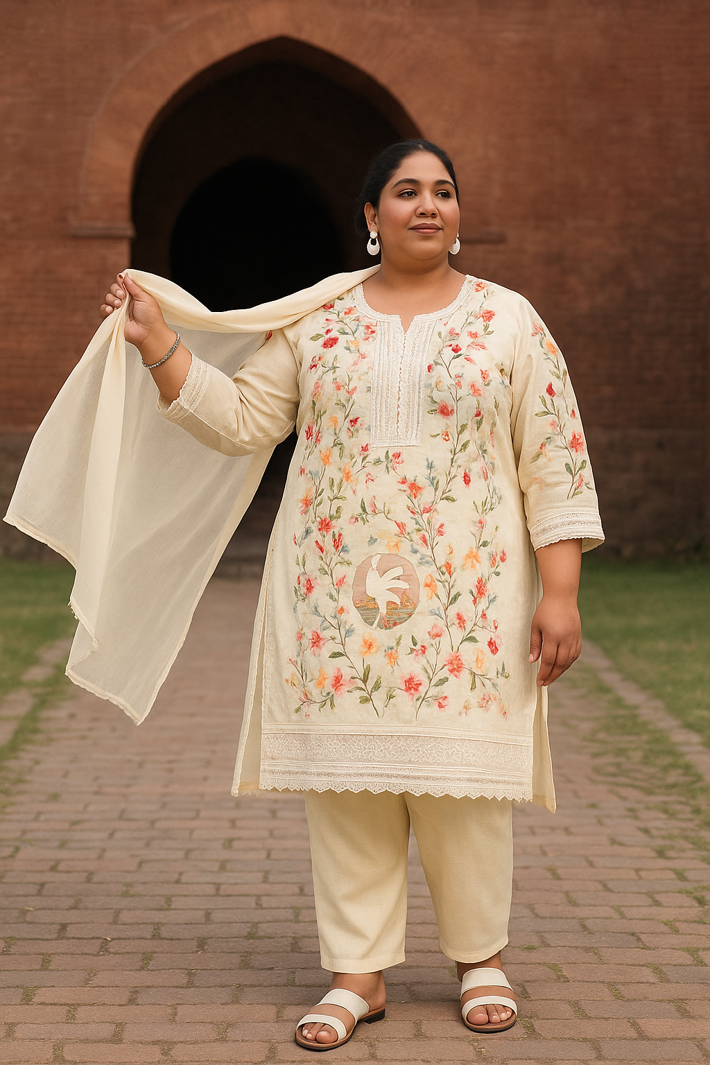 Linen Cotton Kurti Pant Set with Nazmin Dupatta and Lace Work – Plus Sizes Available